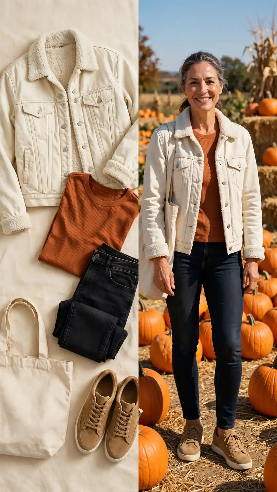 Split outfit idea: sherpa-lined denim trucker jacket and rust tee flat lay, and a mature woman wearing them at a pumpkin patch with skinny jeans and suede sneakers.