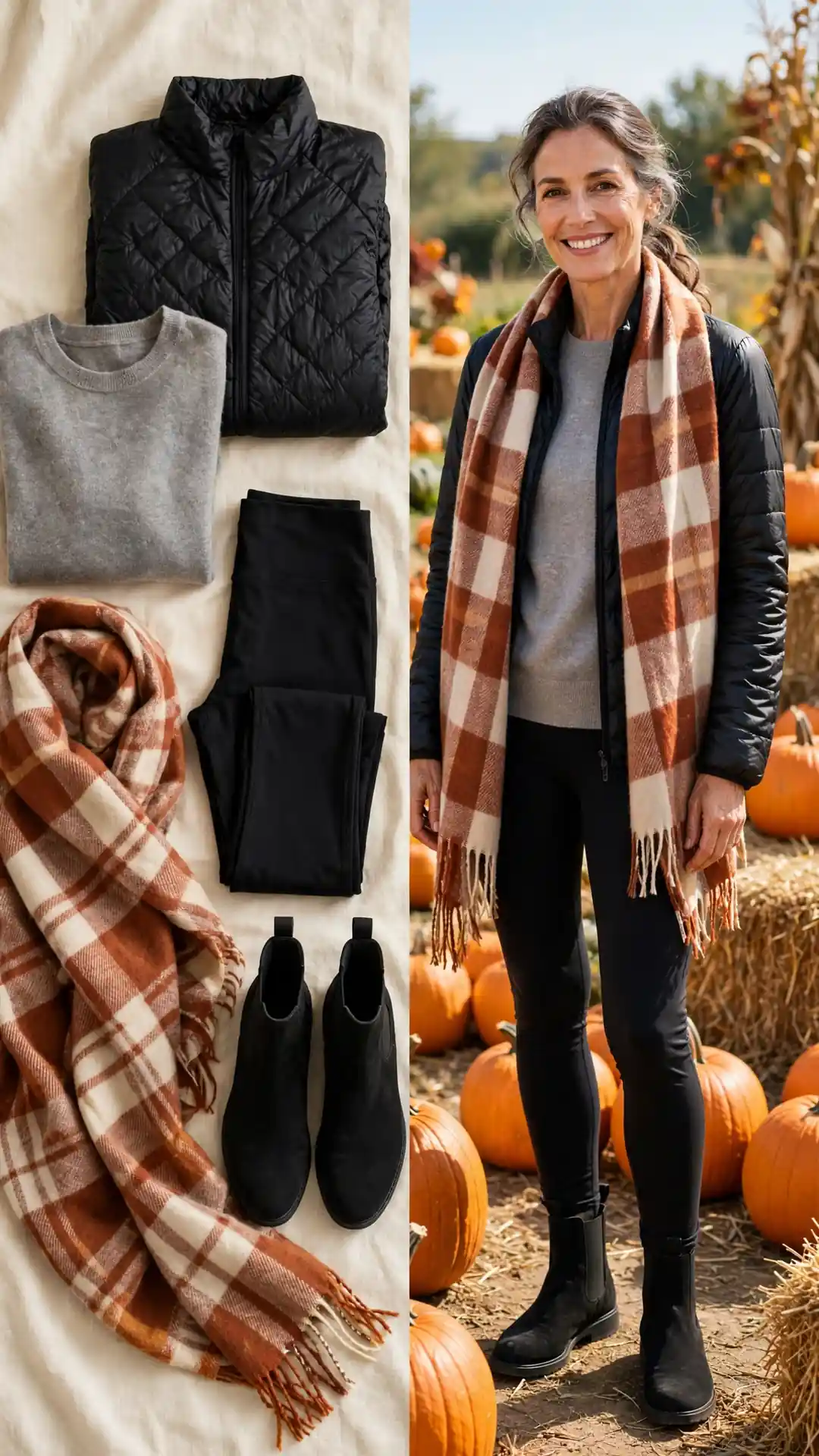 Split outfit idea: black puffer jacket and plaid blanket scarf flat lay, and a mature woman wearing them at a pumpkin patch with leggings and chelsea boots.