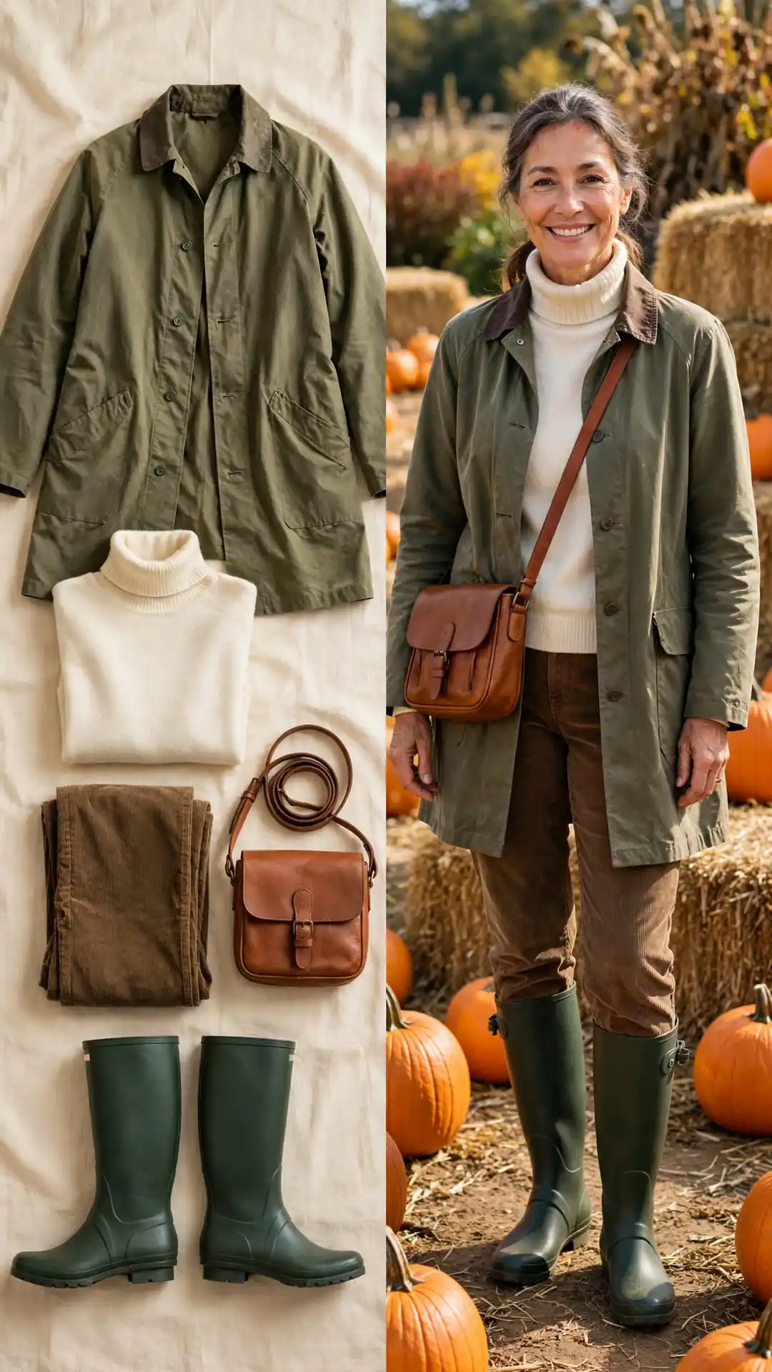Split outfit idea: waxed olive barn coat and cream turtleneck flat lay, and a mature woman wearing them at a pumpkin patch with corduroys and green wellington boots.