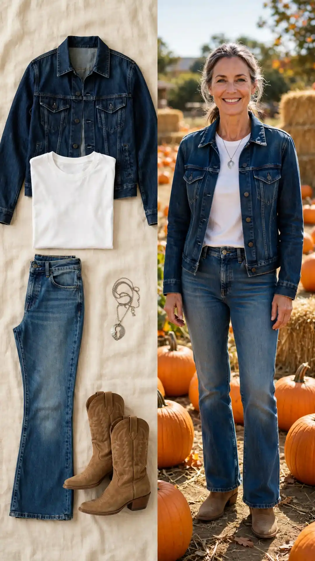 Split outfit idea: dark denim trucker jacket and white tee flat lay, and a mature woman wearing them at a pumpkin patch with bootcut jeans and tan western boots.