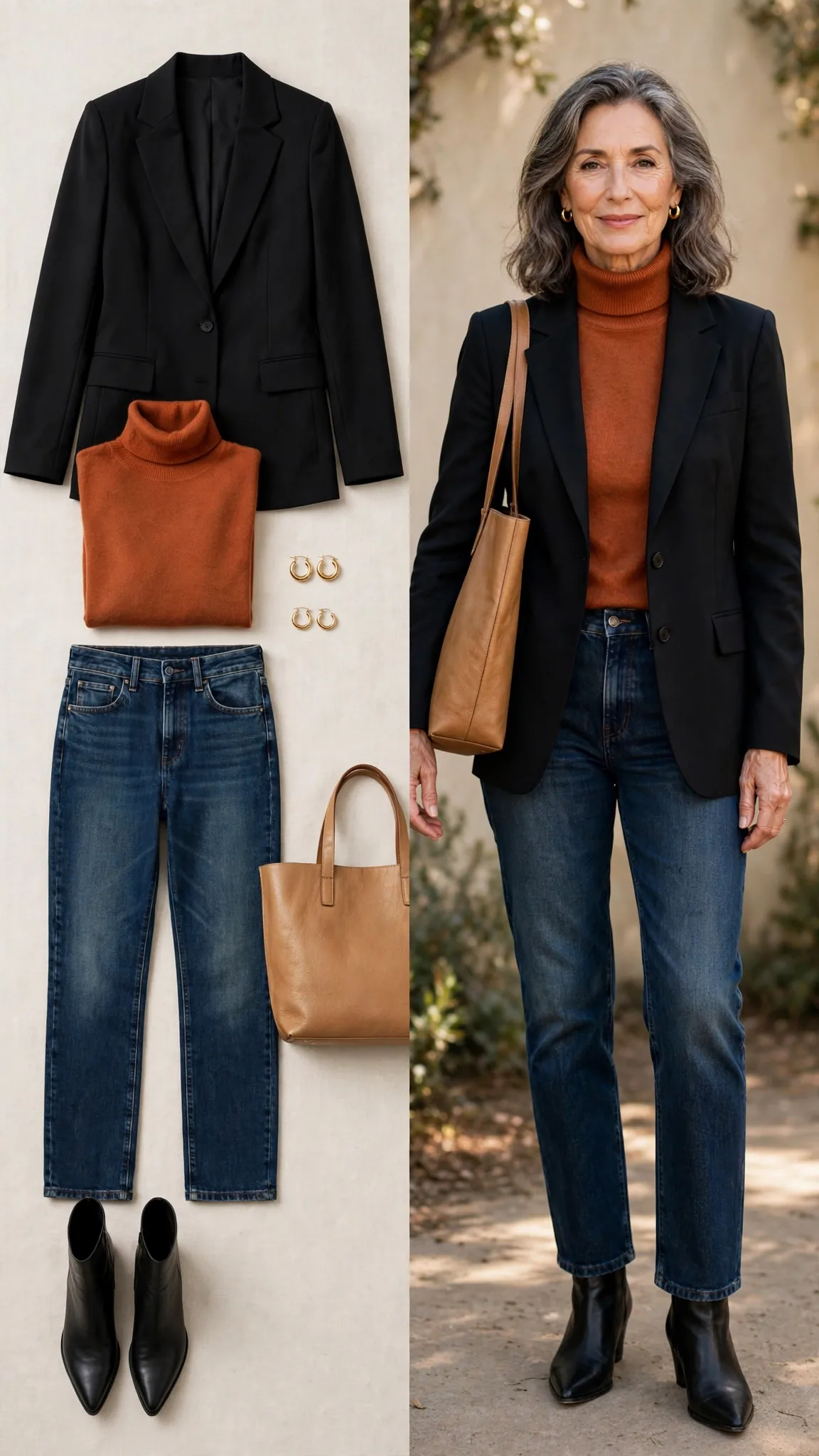 Split outfit idea 1: the structured turtleneck flat lay on the left and a mature woman wearing the same outfit (black blazer, rust turtleneck, dark jeans, ankle boots) on the right