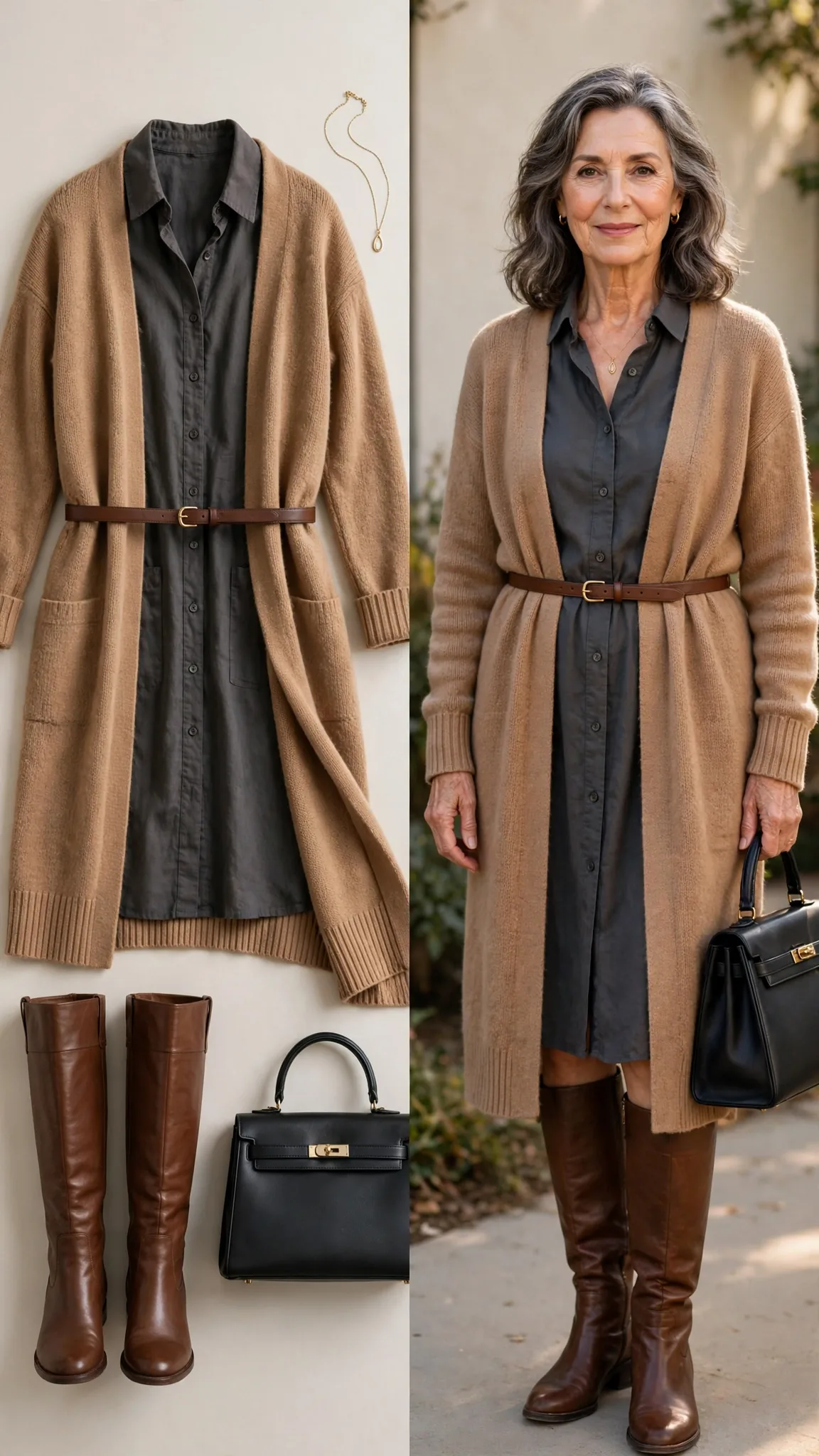 Split outfit idea 2: the belted cardigan dress flat lay on the left and a mature woman wearing the same outfit (charcoal shirtdress, camel cardigan, brown belt, knee-high boots) on the right