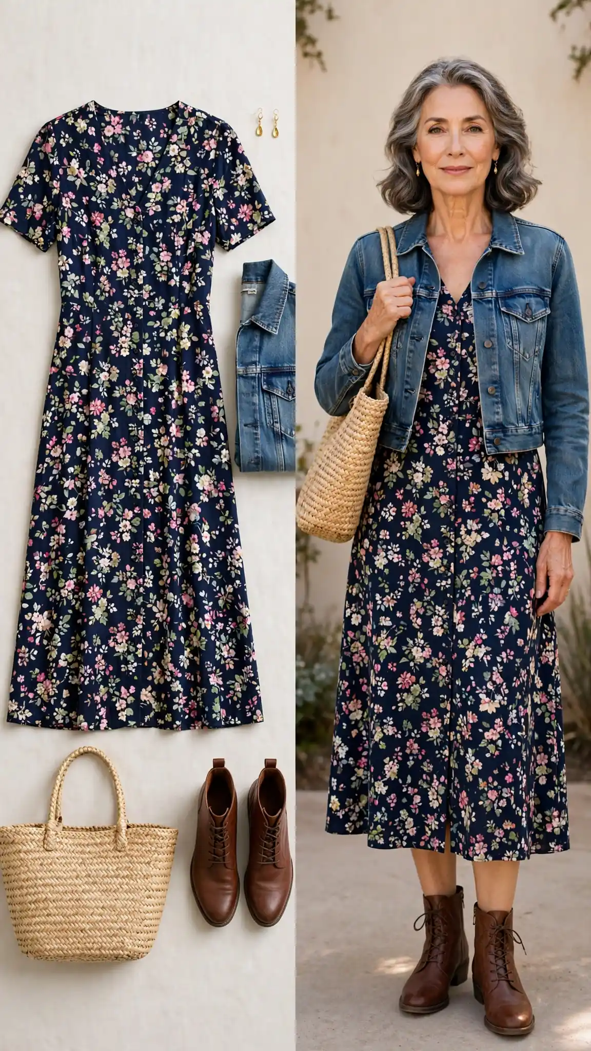 Split outfit idea 3: the denim-layered midi flat lay on the left and a mature woman wearing the same outfit (navy floral midi dress, cropped denim jacket, brown ankle boots) on the right