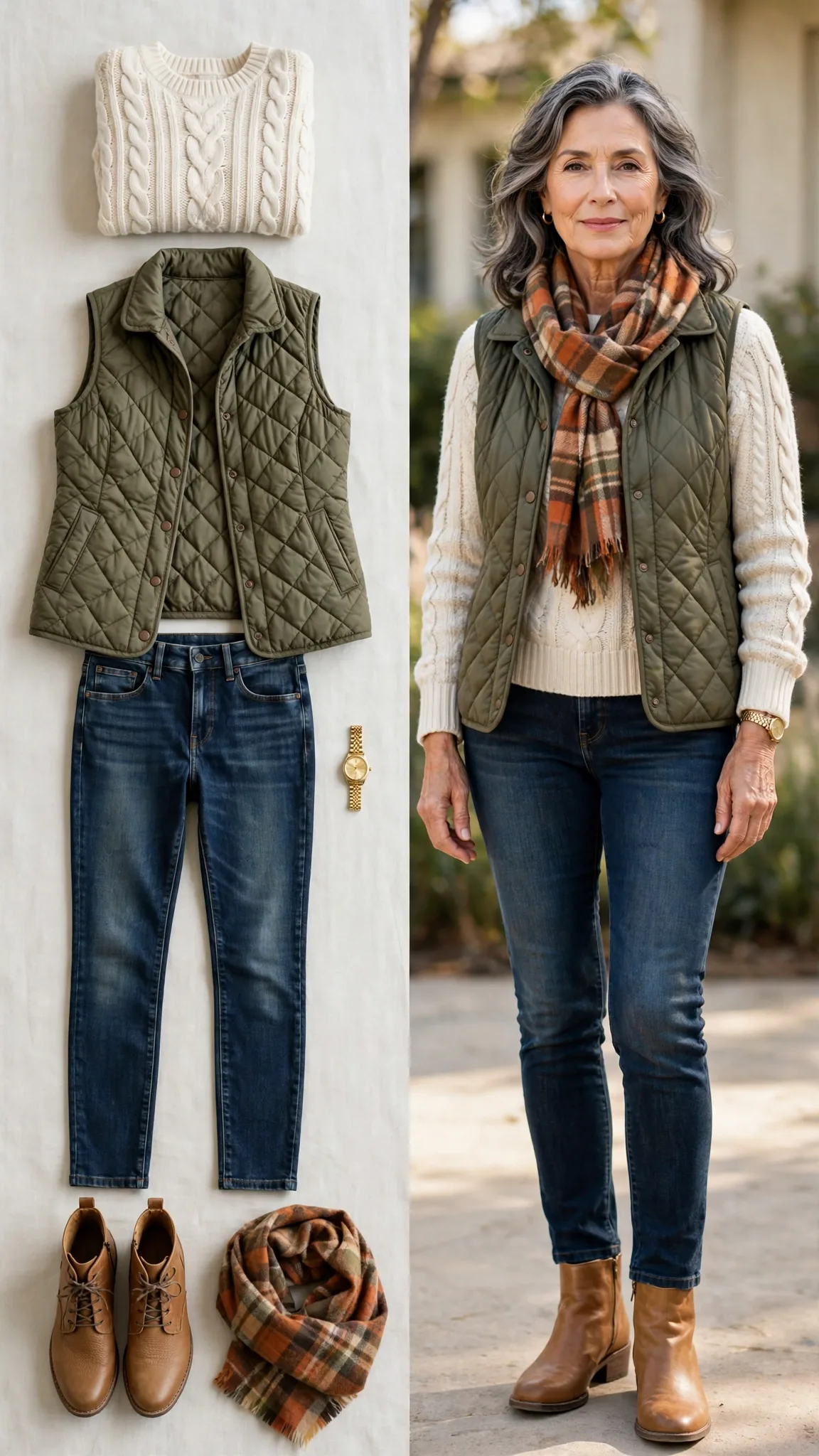 Split outfit idea 4: the quilted vest flat lay on the left and a mature woman wearing the same outfit (cream cable sweater, olive quilted vest, dark jeans, tan boots) on the right
