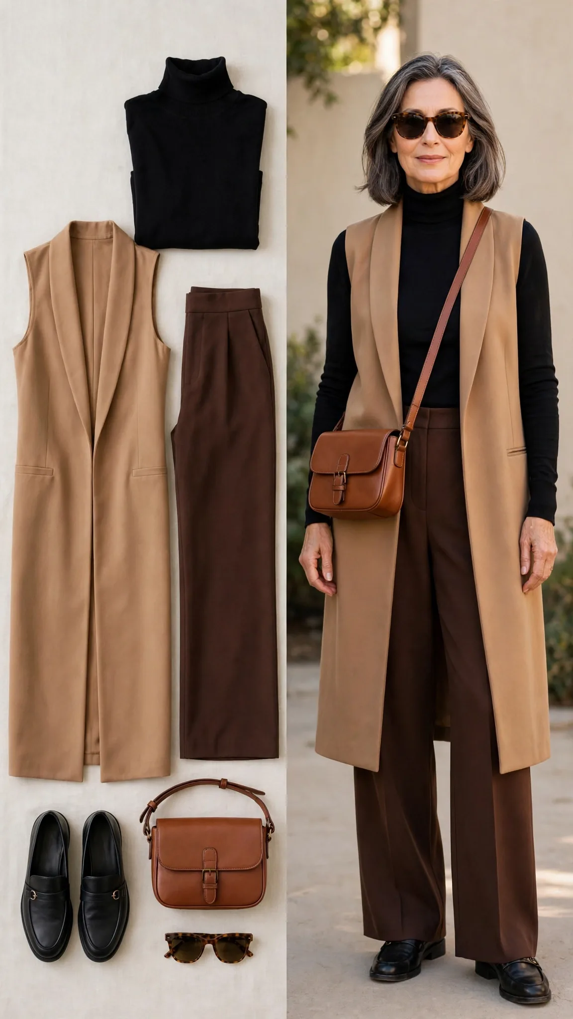 Split outfit idea 5: the sleeveless duster flat lay on the left and a mature woman wearing the same outfit (black turtleneck, camel duster vest, chocolate trousers, loafers) on the right