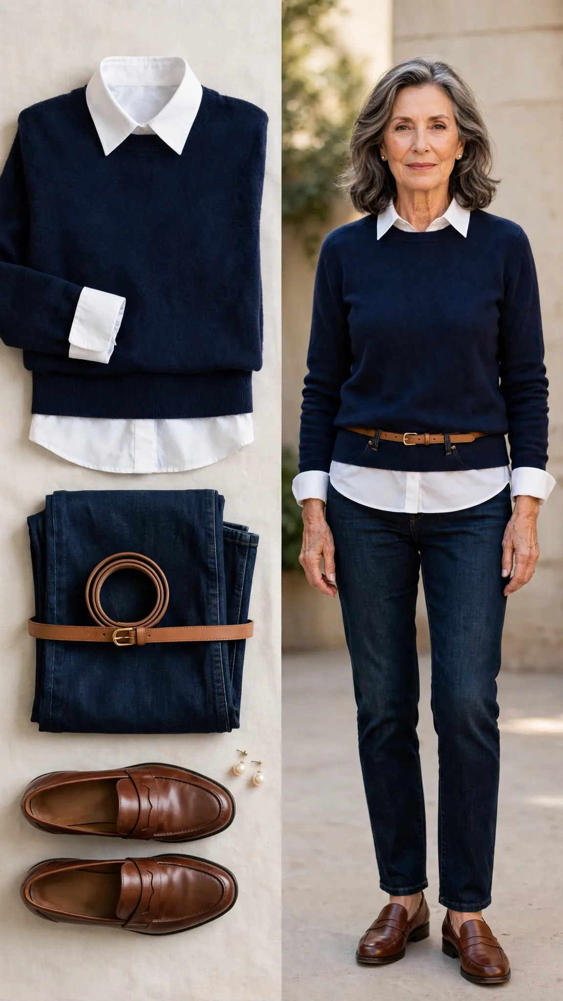 Split outfit idea 6: the collared peek flat lay on the left and a mature woman wearing the same outfit (navy sweater over white collared shirt, indigo jeans, brown loafers) on the right