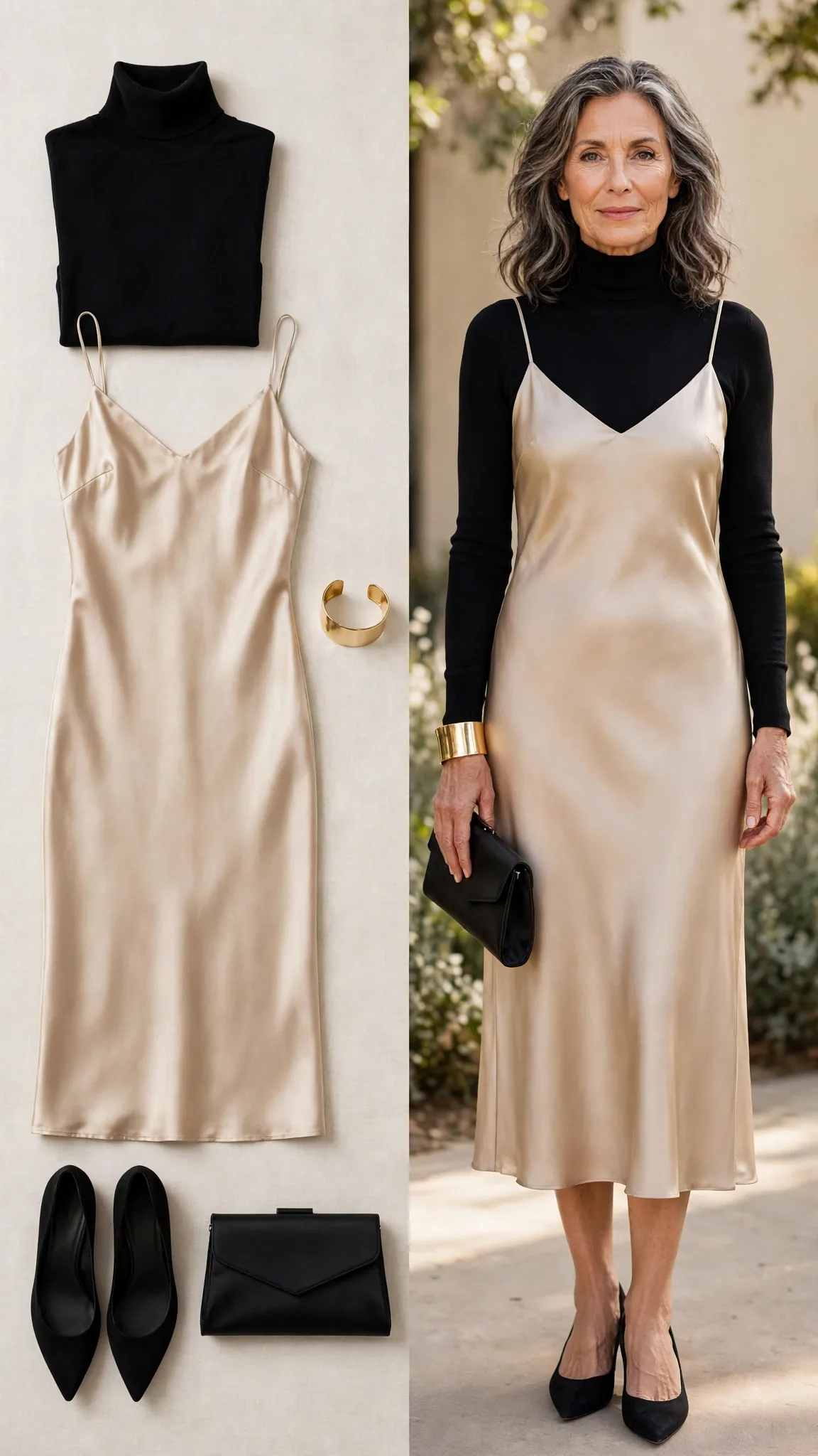 Split outfit idea 7: the slip over turtleneck flat lay on the left and a mature woman wearing the same outfit (black turtleneck under champagne satin slip dress, black flats) on the right