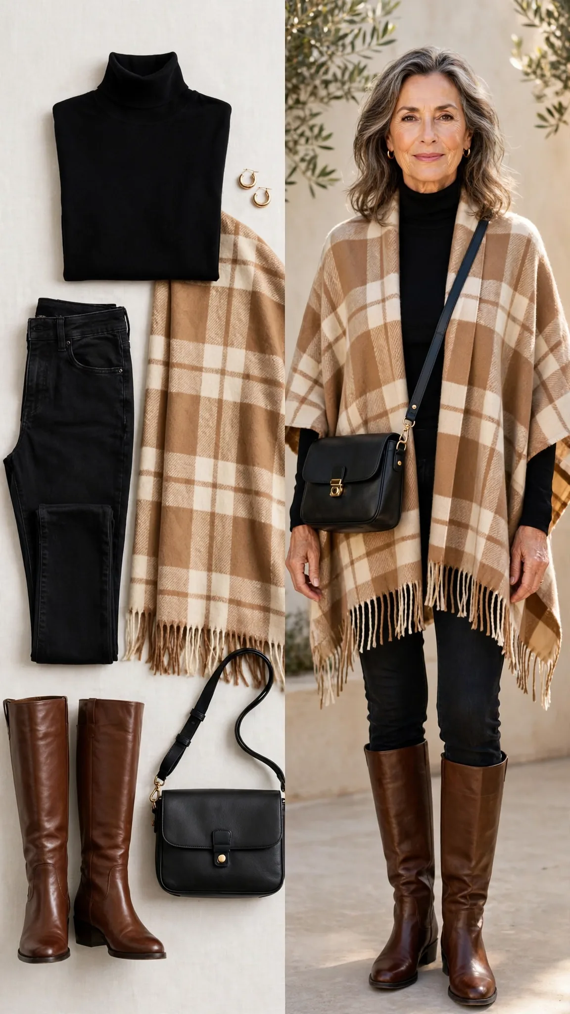 Split outfit idea 8: the modern poncho flat lay on the left and a mature woman wearing the same outfit (black turtleneck, black skinny jeans, camel plaid poncho, knee-high boots) on the right