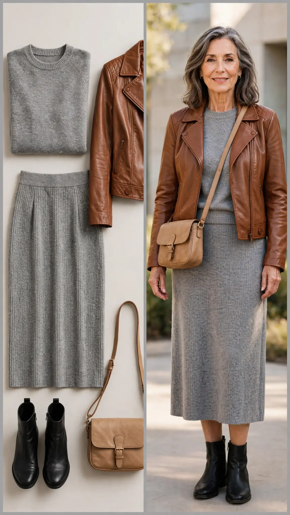 Split outfit idea 9: the softened leather flat lay on the left and a mature woman wearing the same outfit (grey knit co-ord, cognac moto jacket, black ankle boots) on the right