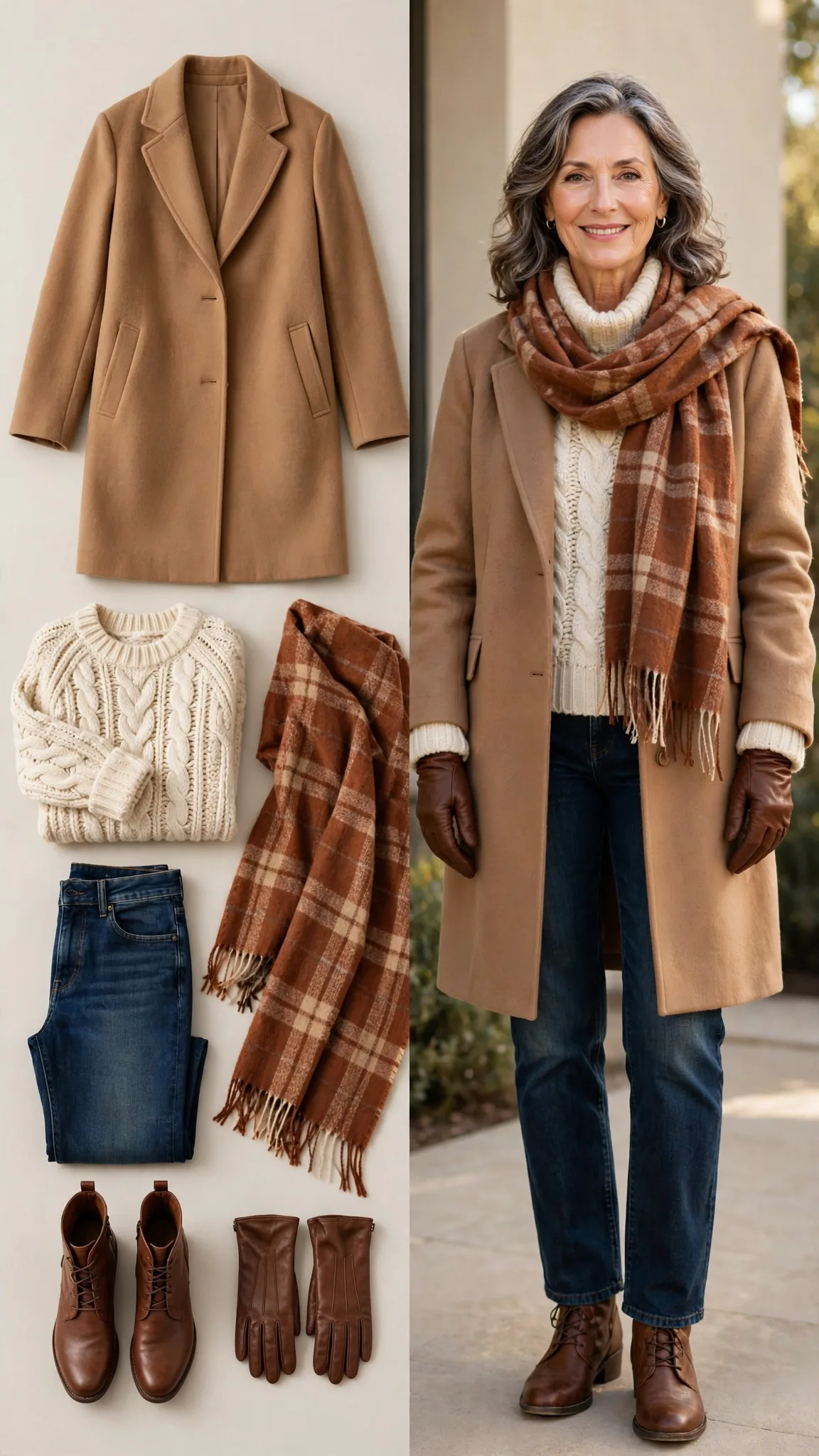 Split outfit idea 10: the statement scarf layer flat lay on the left and a mature woman wearing the same outfit (camel coat, cream chunky sweater, rust plaid scarf, dark jeans) on the right