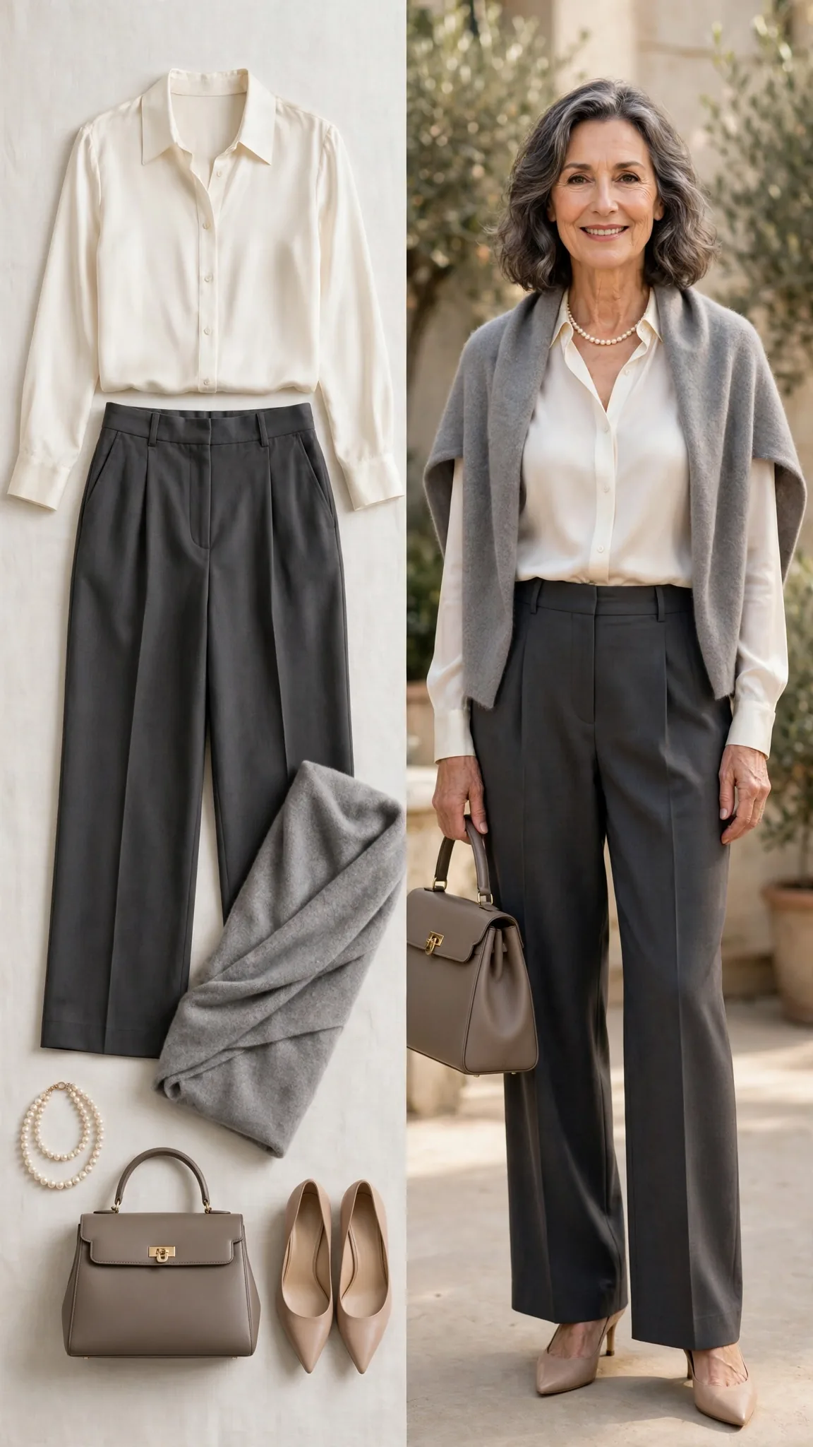 Split outfit idea 11: the cashmere wrap flat lay on the left and a mature woman wearing the same outfit (ivory silk blouse, charcoal trousers, grey cashmere wrap, nude pumps) on the right