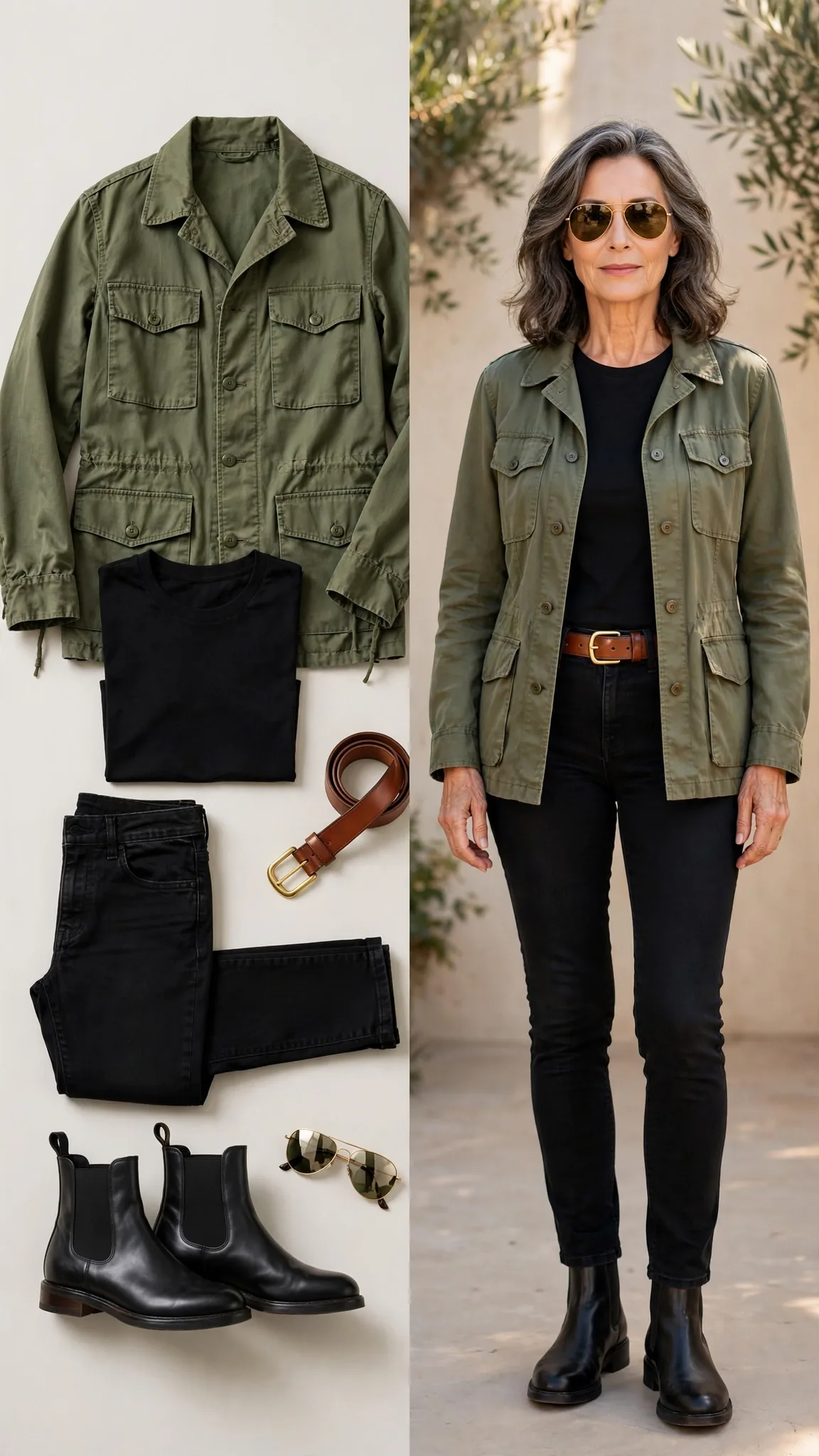 Split outfit idea 12: the field jacket formula flat lay on the left and a mature woman wearing the same outfit (black tee, black skinny jeans, olive field jacket, Chelsea boots) on the right
