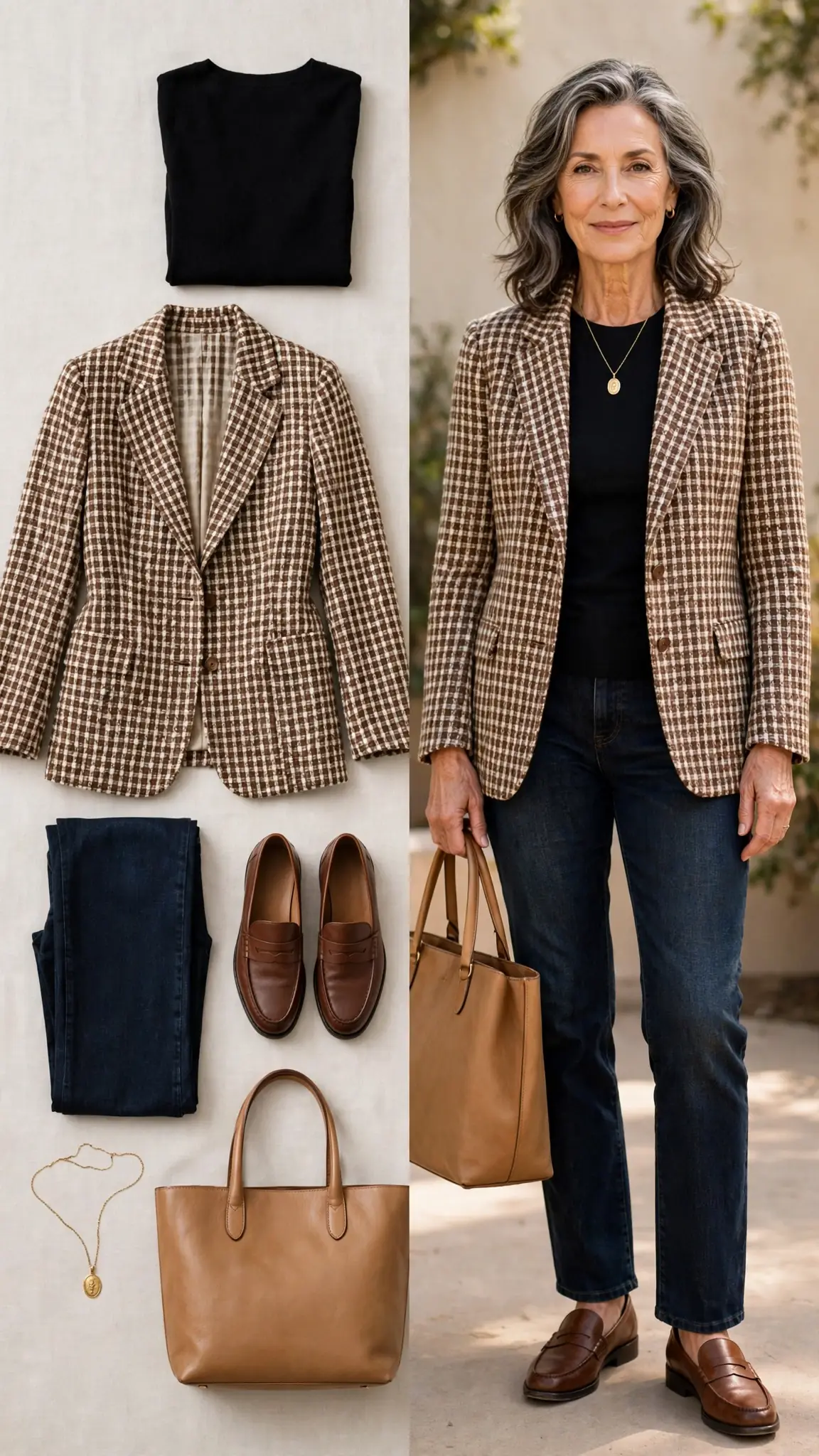 Split outfit idea 13: the tweed refresh flat lay on the left and a mature woman wearing the same outfit (black knit top, brown tweed blazer, dark jeans, brown loafers) on the right