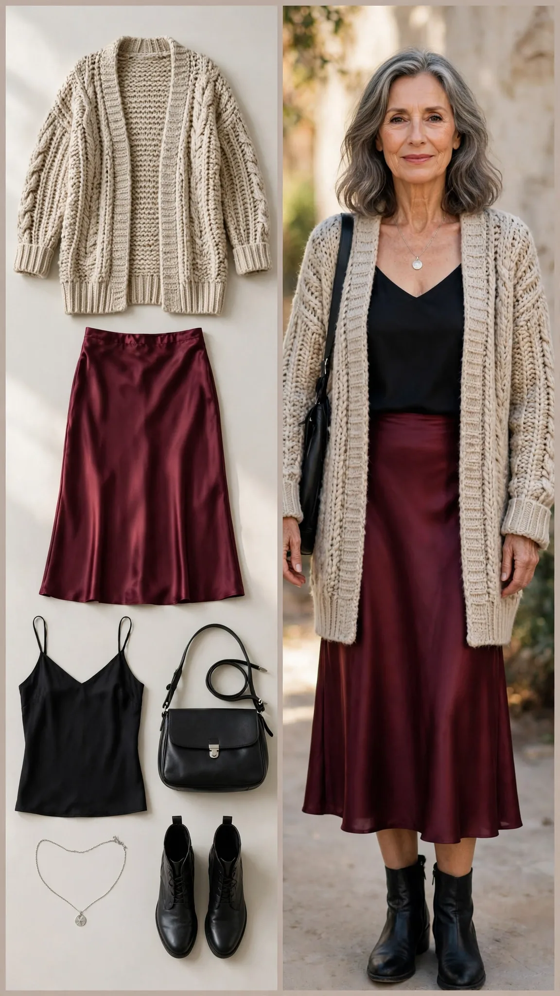 Split outfit idea 14: the cardigan-as-coat flat lay on the left and a mature woman wearing the same outfit (burgundy satin skirt, black camisole, oatmeal long cardigan, ankle boots) on the right