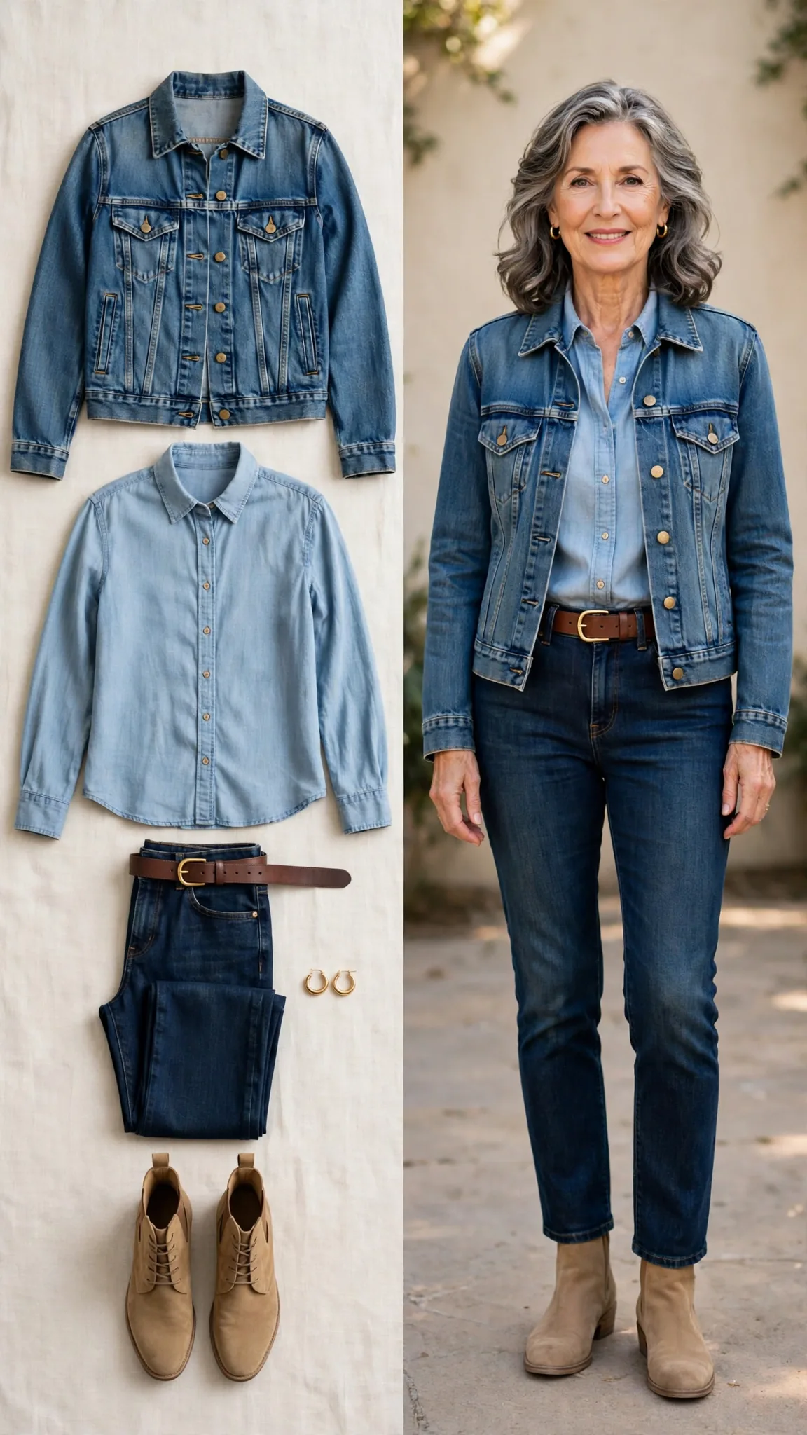 Split outfit idea 15: the tonal denim flat lay on the left and a mature woman wearing the same outfit (chambray shirt, denim trucker jacket, dark indigo jeans, tan boots) on the right