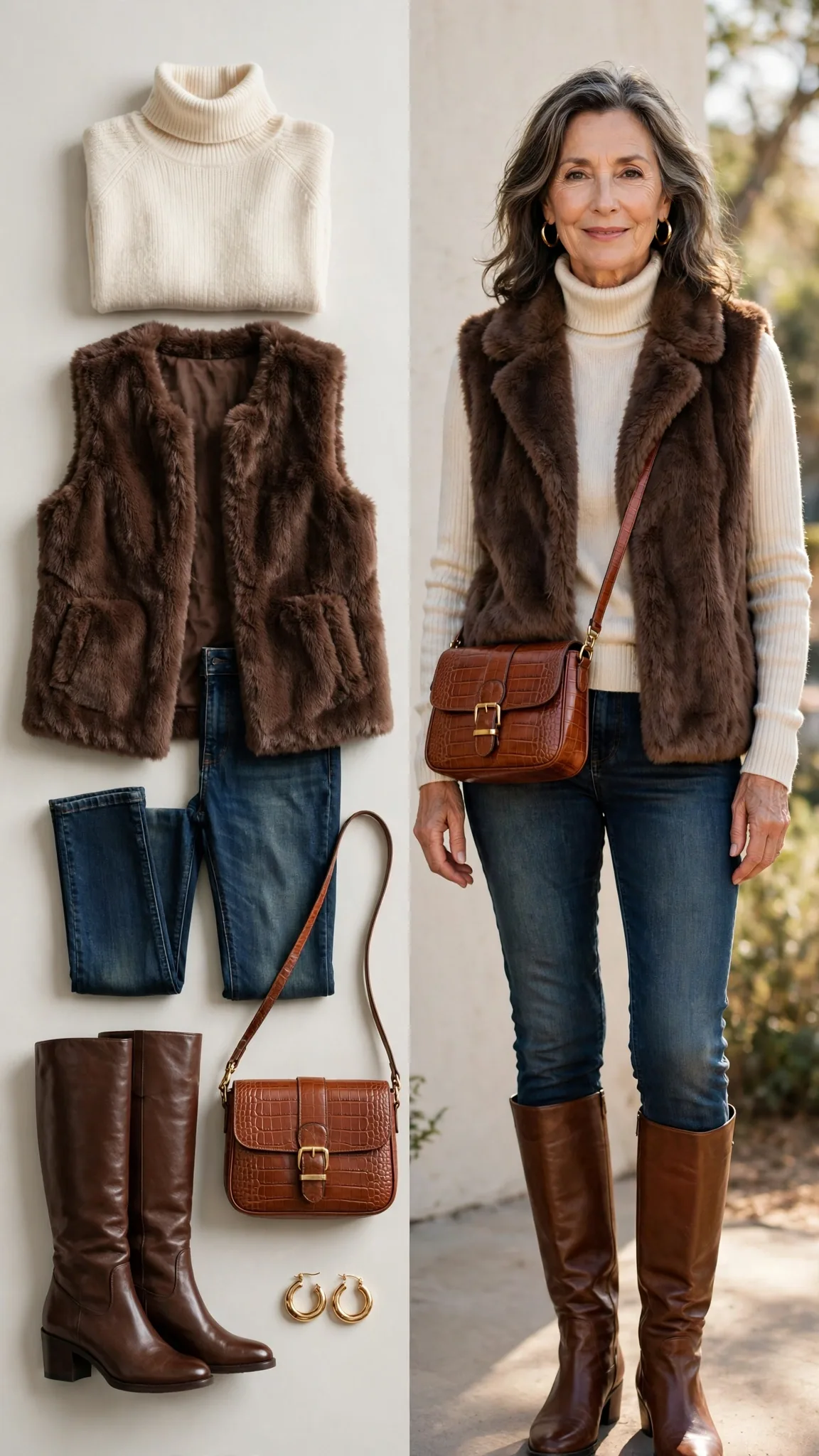 Split outfit idea 16: the faux fur vest flat lay on the left and a mature woman wearing the same outfit (cream turtleneck, chocolate faux-fur vest, dark jeans, knee-high boots) on the right