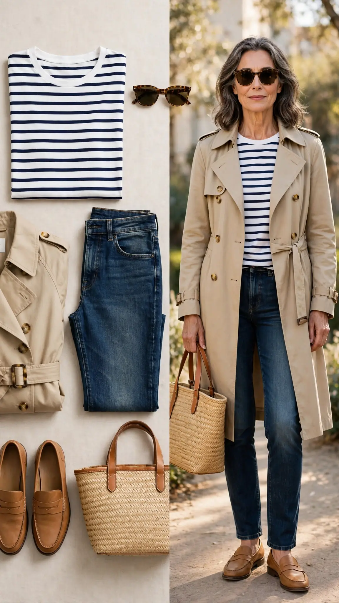 Split outfit idea 17: the trench finish flat lay on the left and a mature woman wearing the same outfit (Breton tee, dark jeans, beige trench coat, tan loafers) on the right