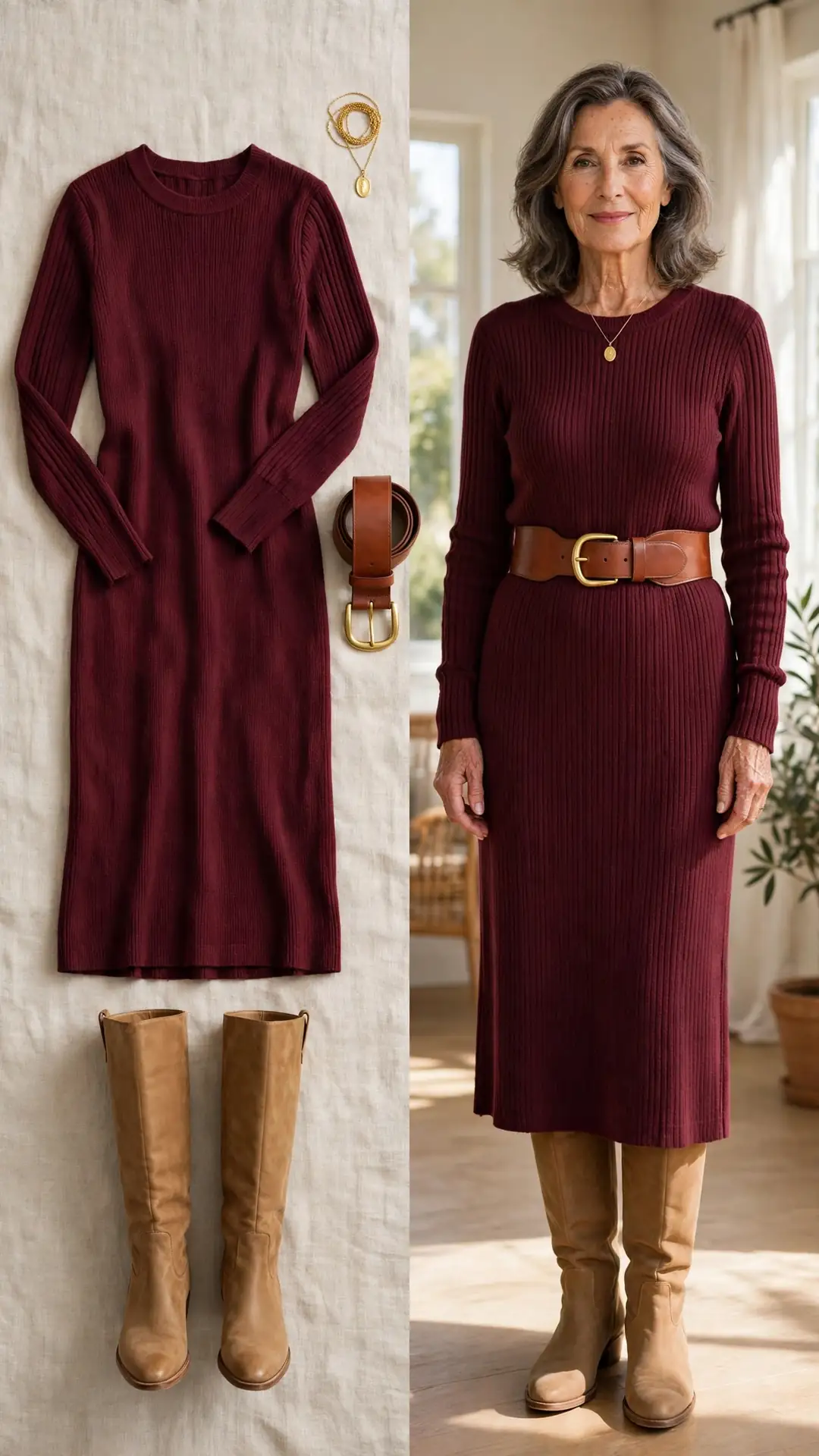 Split outfit idea: burgundy ribbed sweater dress and brown leather belt flat lay and a mature woman wearing the belted dress with tan knee-high boots