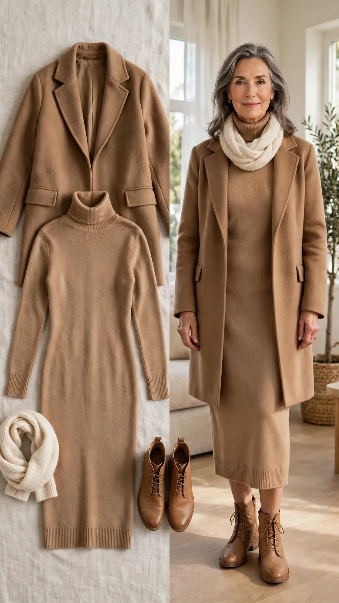Split outfit idea: camel turtleneck sweater dress and camel wool coat flat lay and a mature woman wearing the dress under the coat with tan ankle boots