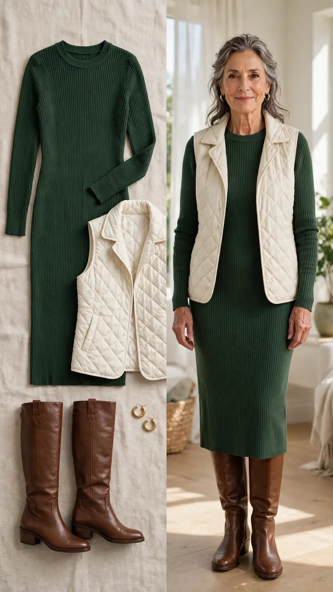 Split outfit idea: forest-green sweater dress and cream quilted vest flat lay and a mature woman wearing the dress with the vest and brown knee-high boots