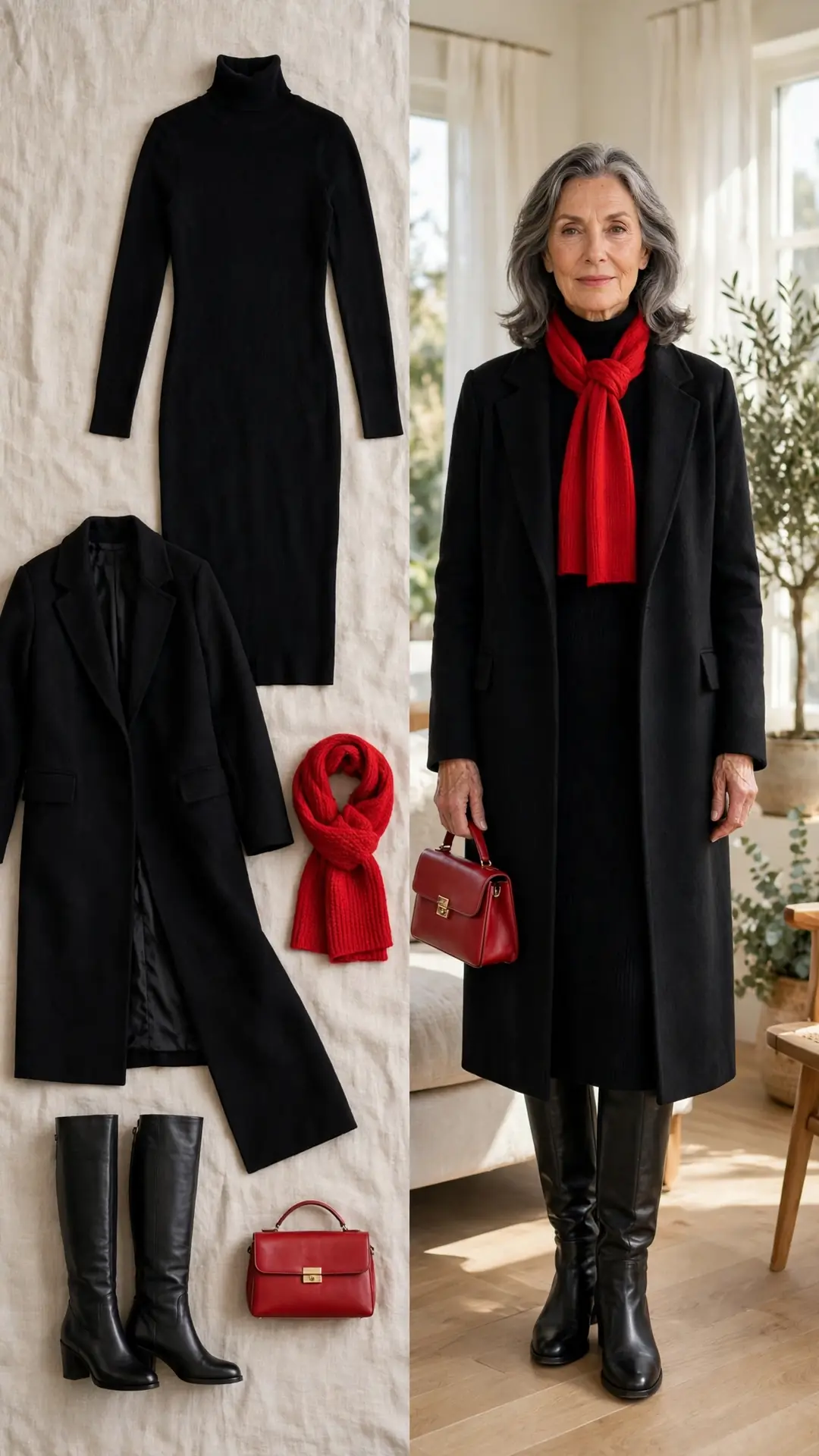 Split outfit idea: black sweater dress, black coat and red scarf flat lay and a mature woman wearing the black dress with the red scarf and black knee-high boots