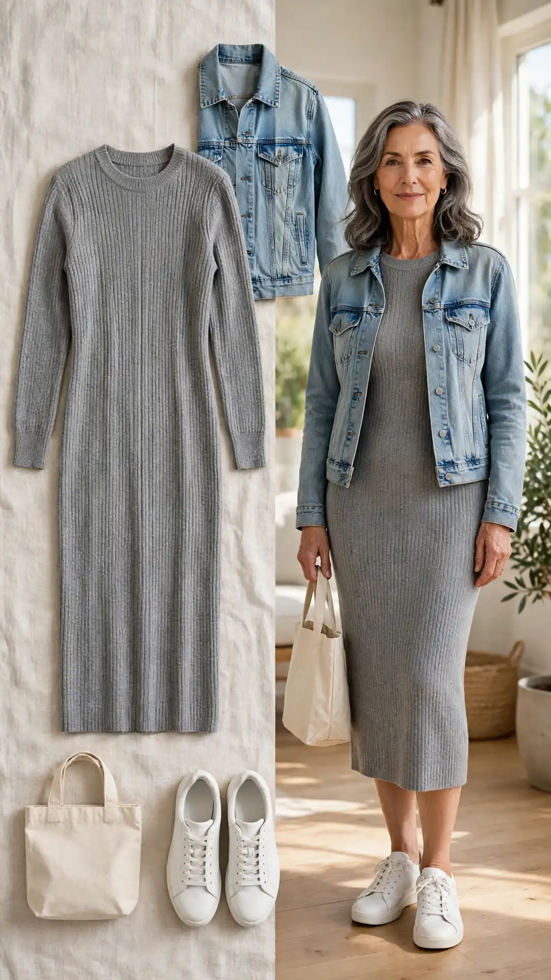 Split outfit idea: grey sweater dress and light-wash denim jacket flat lay and a mature woman wearing the grey dress with the denim jacket and white sneakers