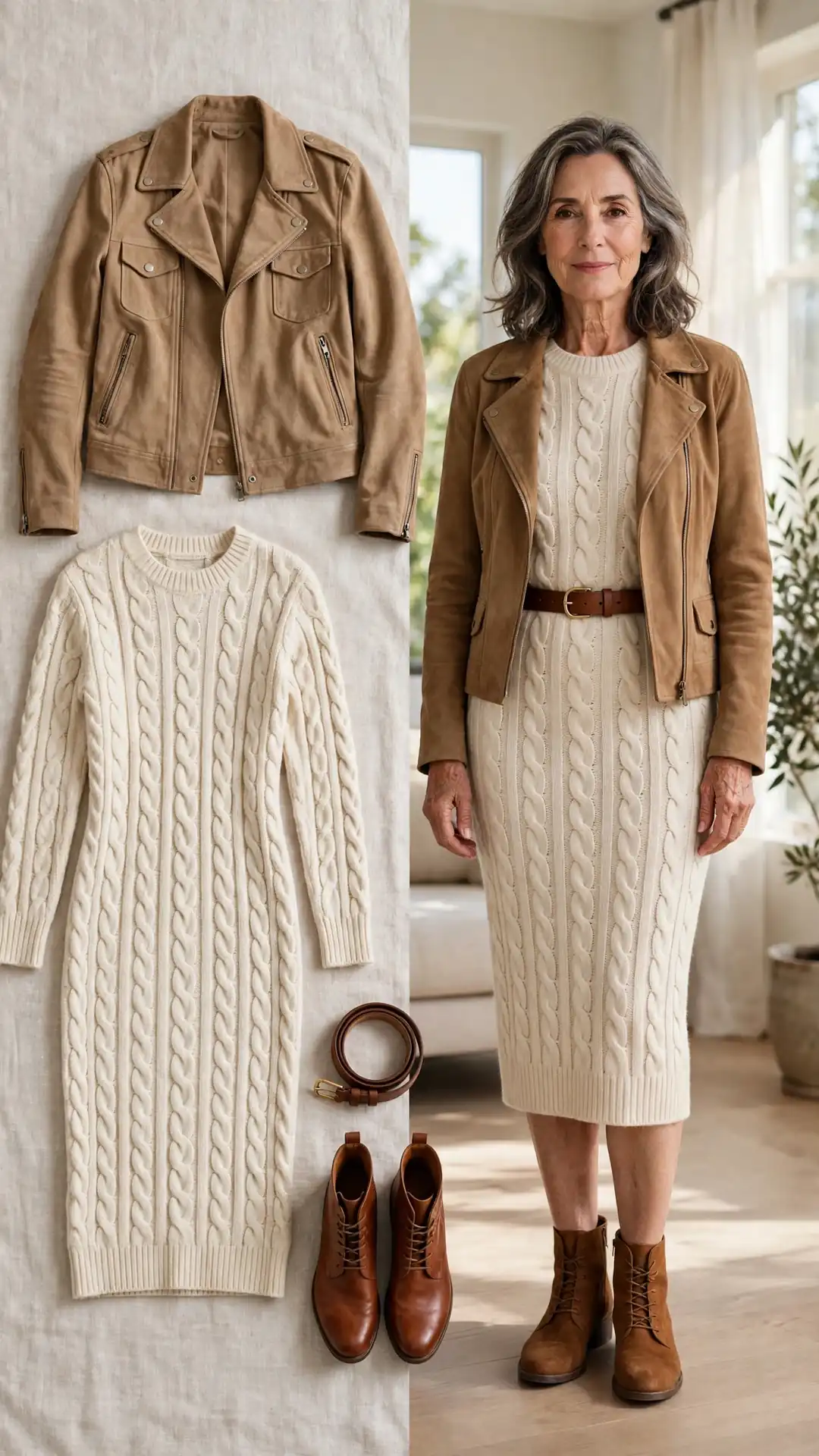 Split outfit idea: cream cable-knit sweater dress and tan suede jacket flat lay and a mature woman wearing the cream dress with the suede jacket and cognac ankle boots