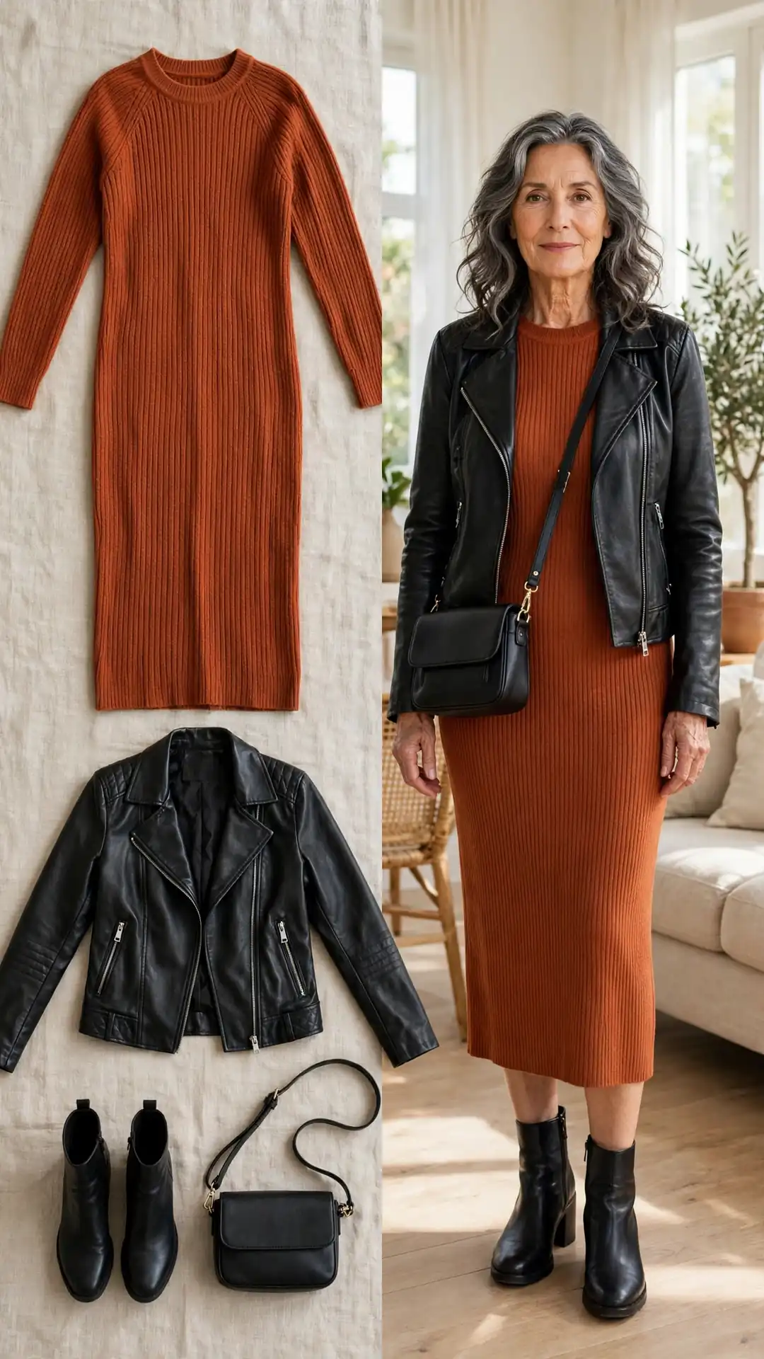 Split outfit idea: rust sweater dress and black faux-leather moto jacket flat lay and a mature woman wearing the rust dress with the black jacket and black ankle boots