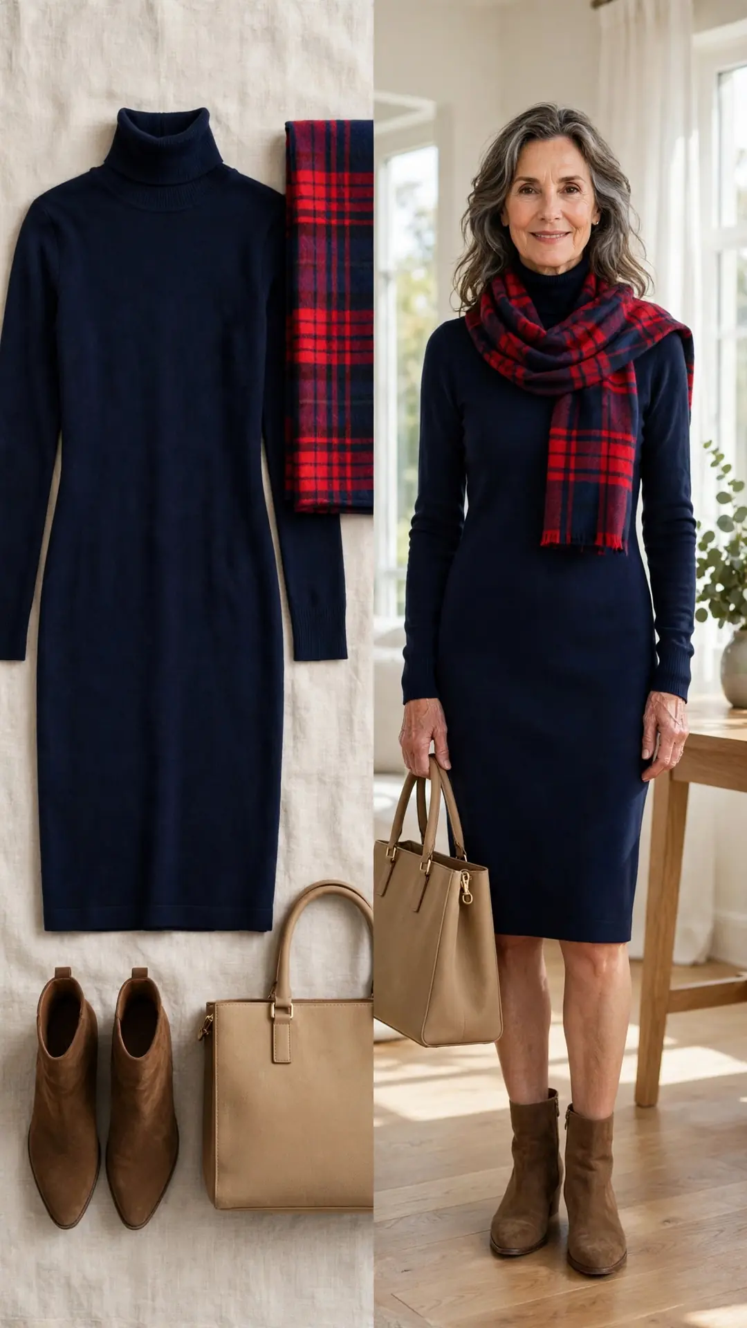 Split outfit idea: navy sweater dress and red plaid blanket scarf flat lay and a mature woman wearing the navy dress with the plaid scarf and brown ankle boots