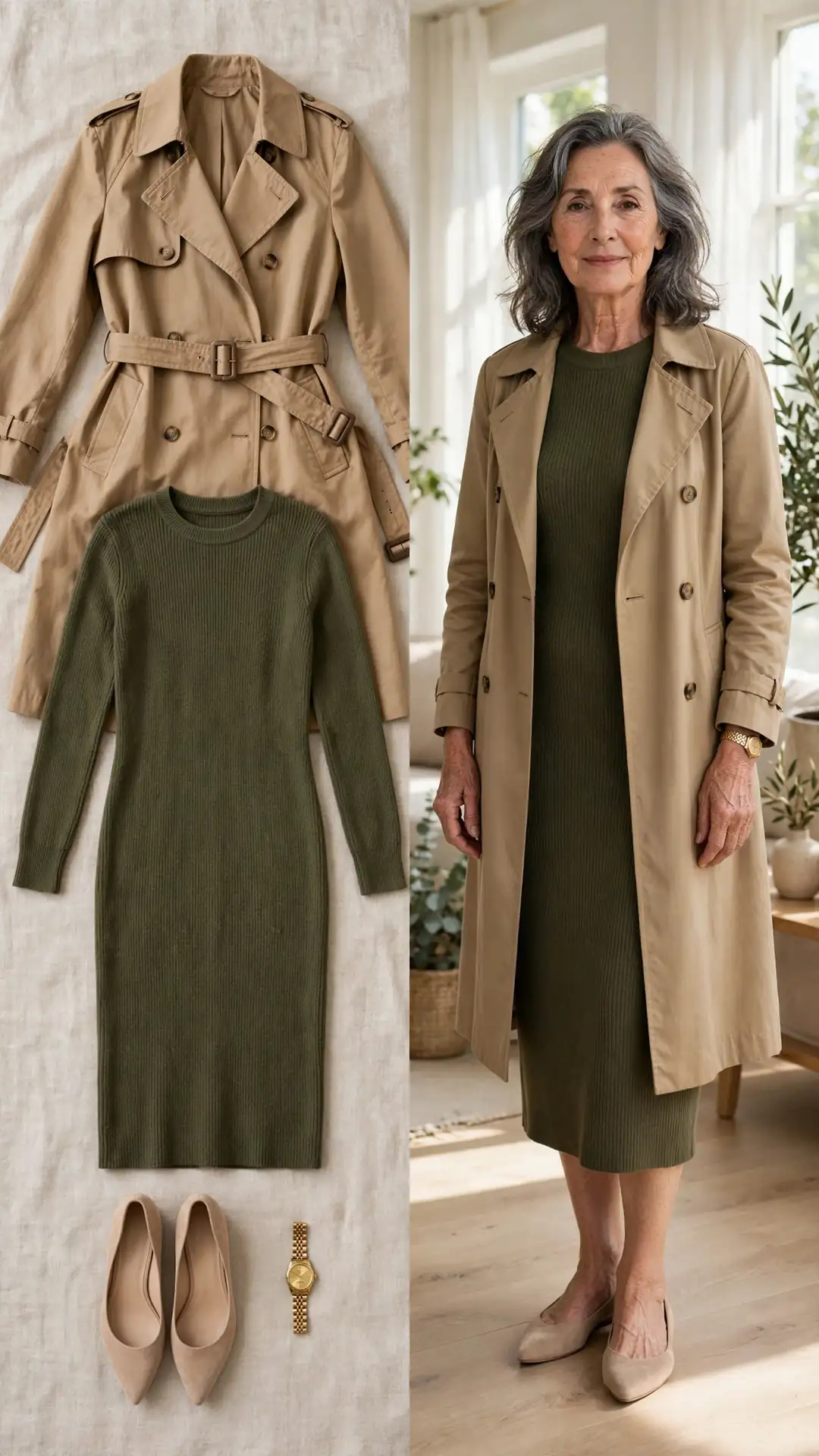Split outfit idea: olive sweater dress and tan trench coat flat lay and a mature woman wearing the olive dress under the open trench with nude flats