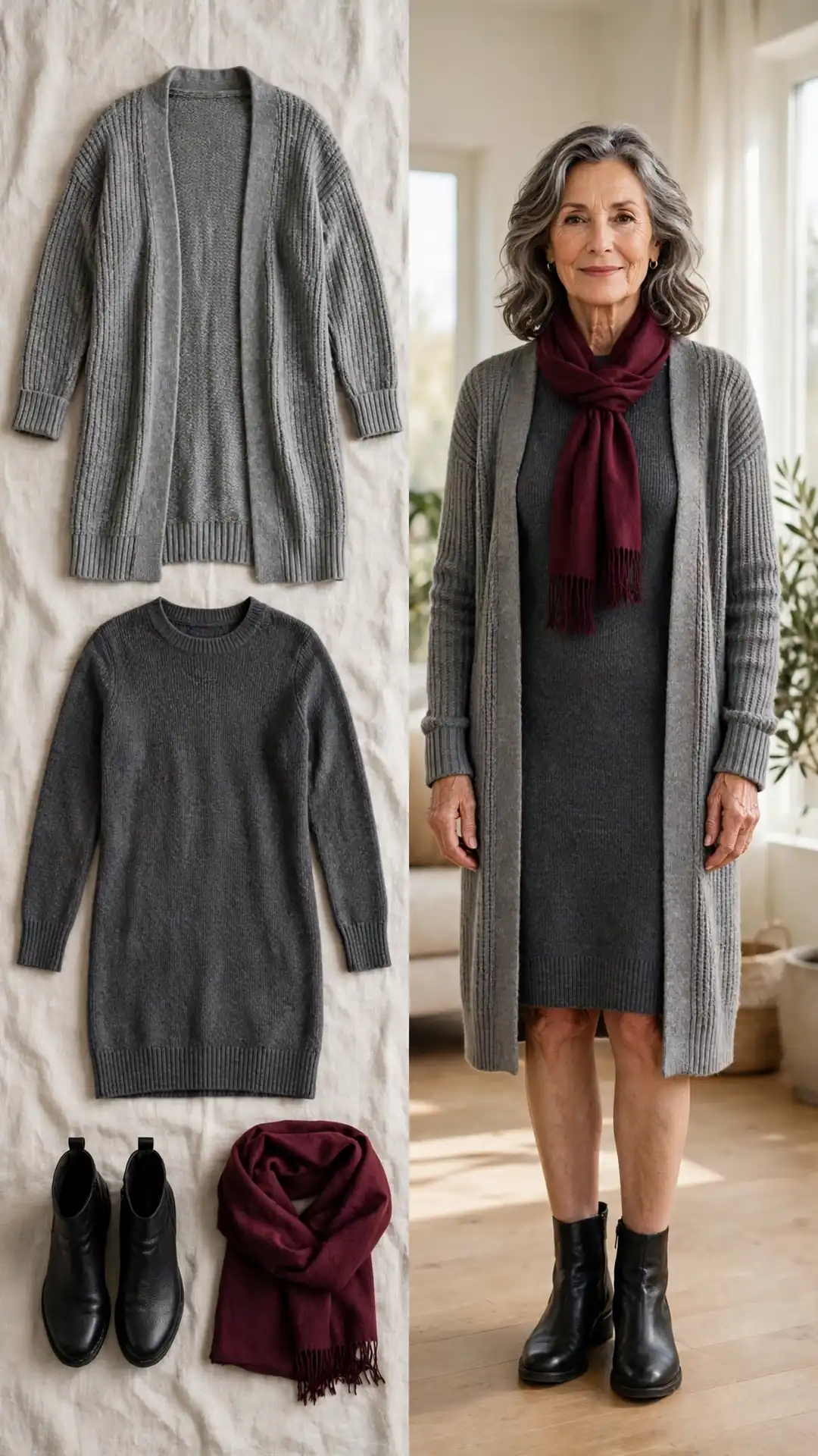 Split outfit idea: charcoal sweater dress and long grey cardigan flat lay and a mature woman wearing the charcoal dress with the open cardigan and burgundy scarf