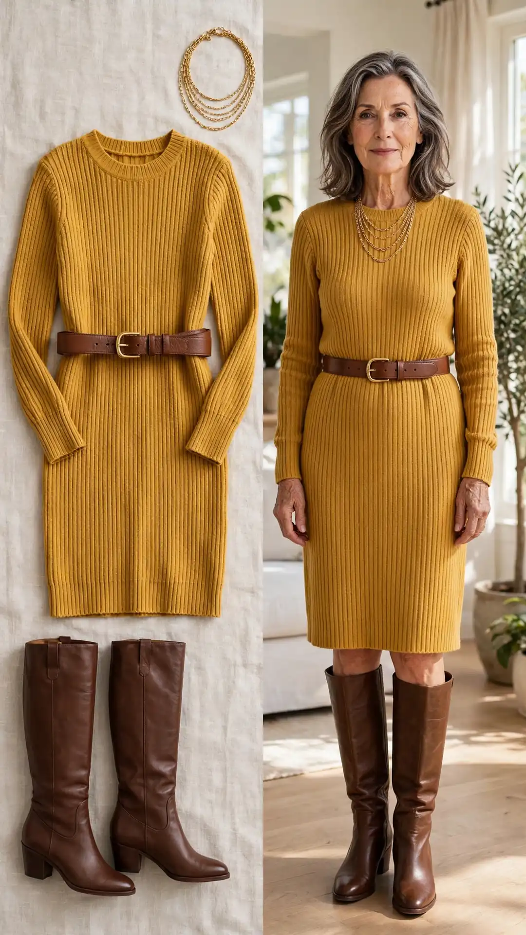Split outfit idea: mustard ribbed sweater dress and brown belt flat lay and a mature woman wearing the mustard dress belted with chocolate-brown knee-high boots