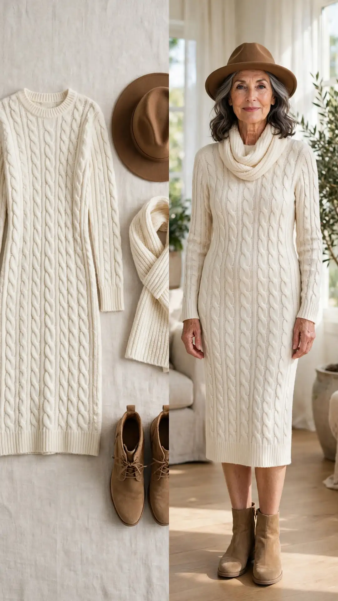 Split outfit idea: ivory cable-knit sweater dress, brown felt fedora and cream scarf flat lay and a mature woman wearing the ivory dress with the fedora and tan ankle boots