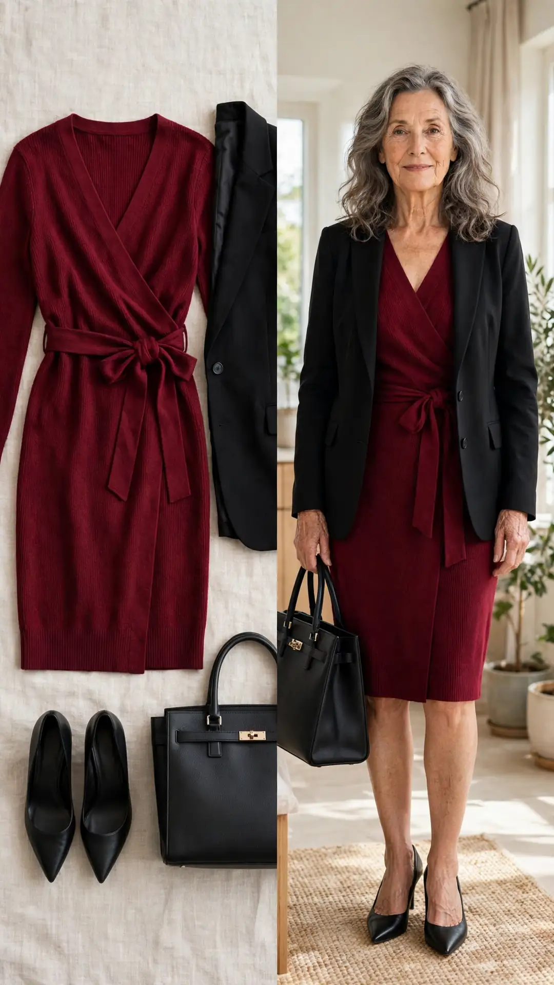 Split outfit idea: wine wrap sweater dress and black blazer flat lay and a mature woman wearing the wine wrap dress with the black blazer and black pumps