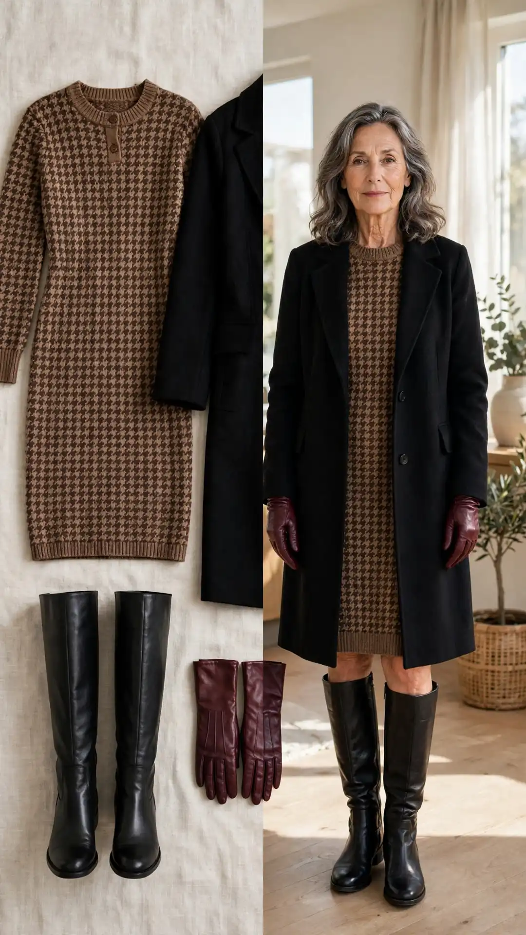 Split outfit idea: brown houndstooth knit sweater dress and black wool coat flat lay and a mature woman wearing the houndstooth dress under the black coat with black knee-high boots