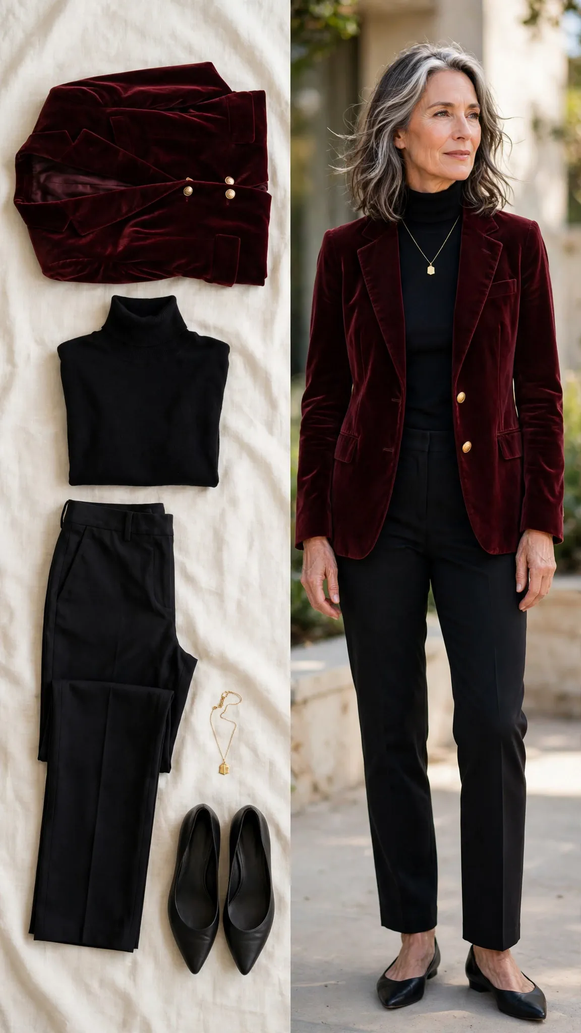 Split outfit idea: oxblood velvet blazer and black turtleneck flat lay and a mature woman wearing them with black trousers and pointed flats