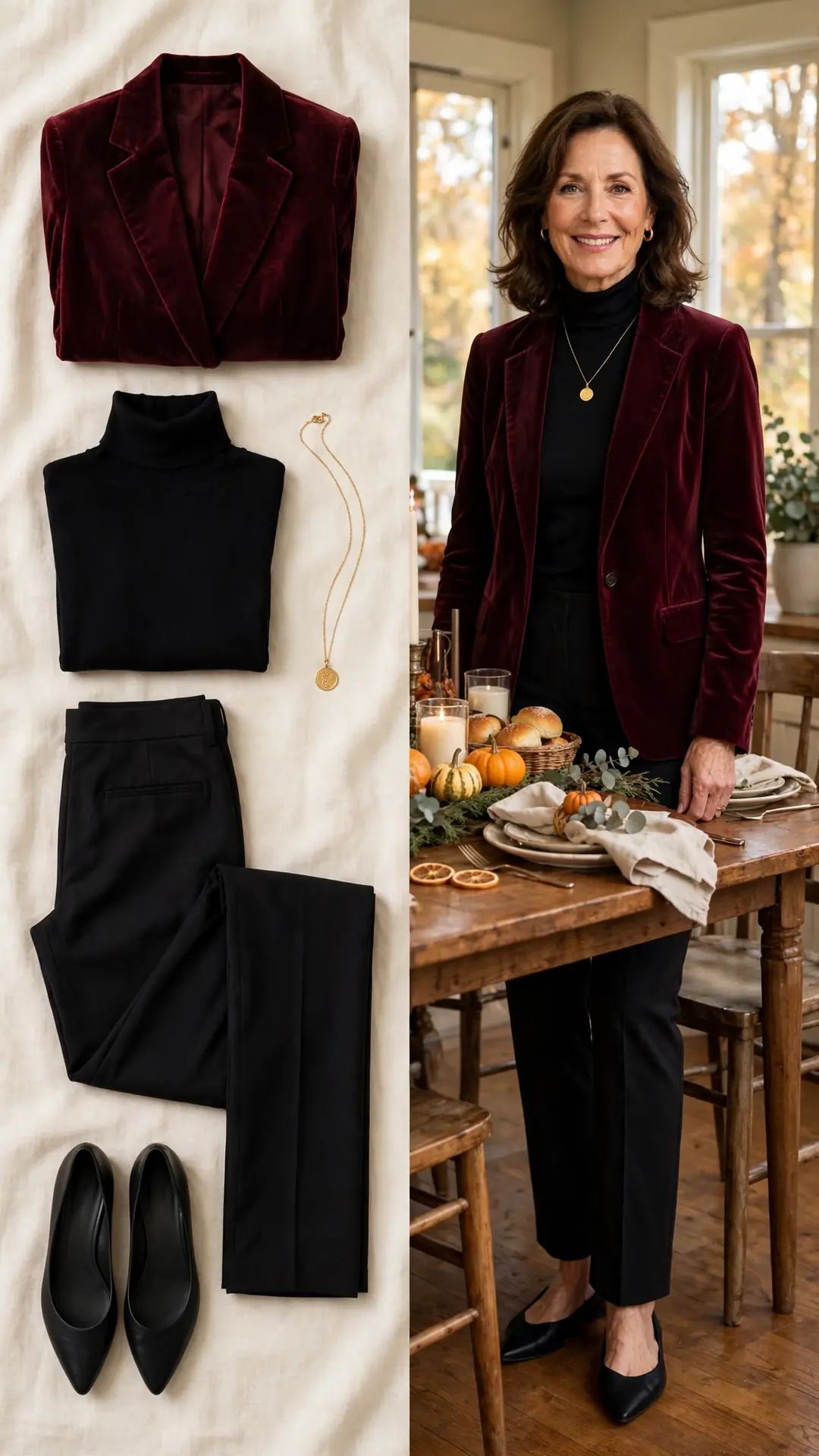 Split outfit idea: burgundy velvet blazer and black turtleneck flat lay and a mature woman wearing them with black trousers and black pointed flats