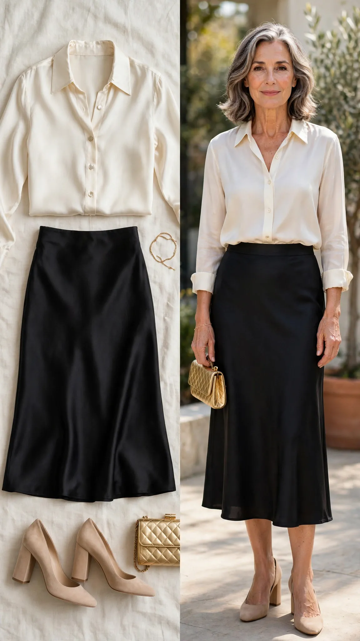 Split outfit idea: ivory silk shirt and black satin midi skirt flat lay and a mature woman wearing them with nude block heels