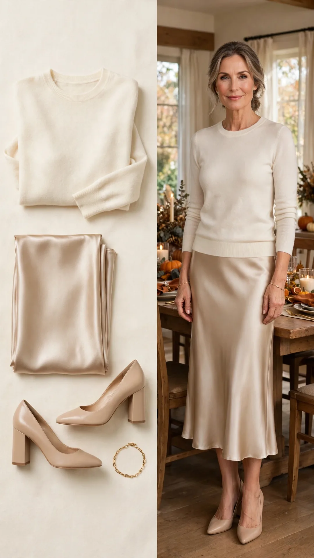 Split outfit idea: champagne satin midi skirt and ivory cashmere sweater flat lay and a mature woman wearing them with nude block heels