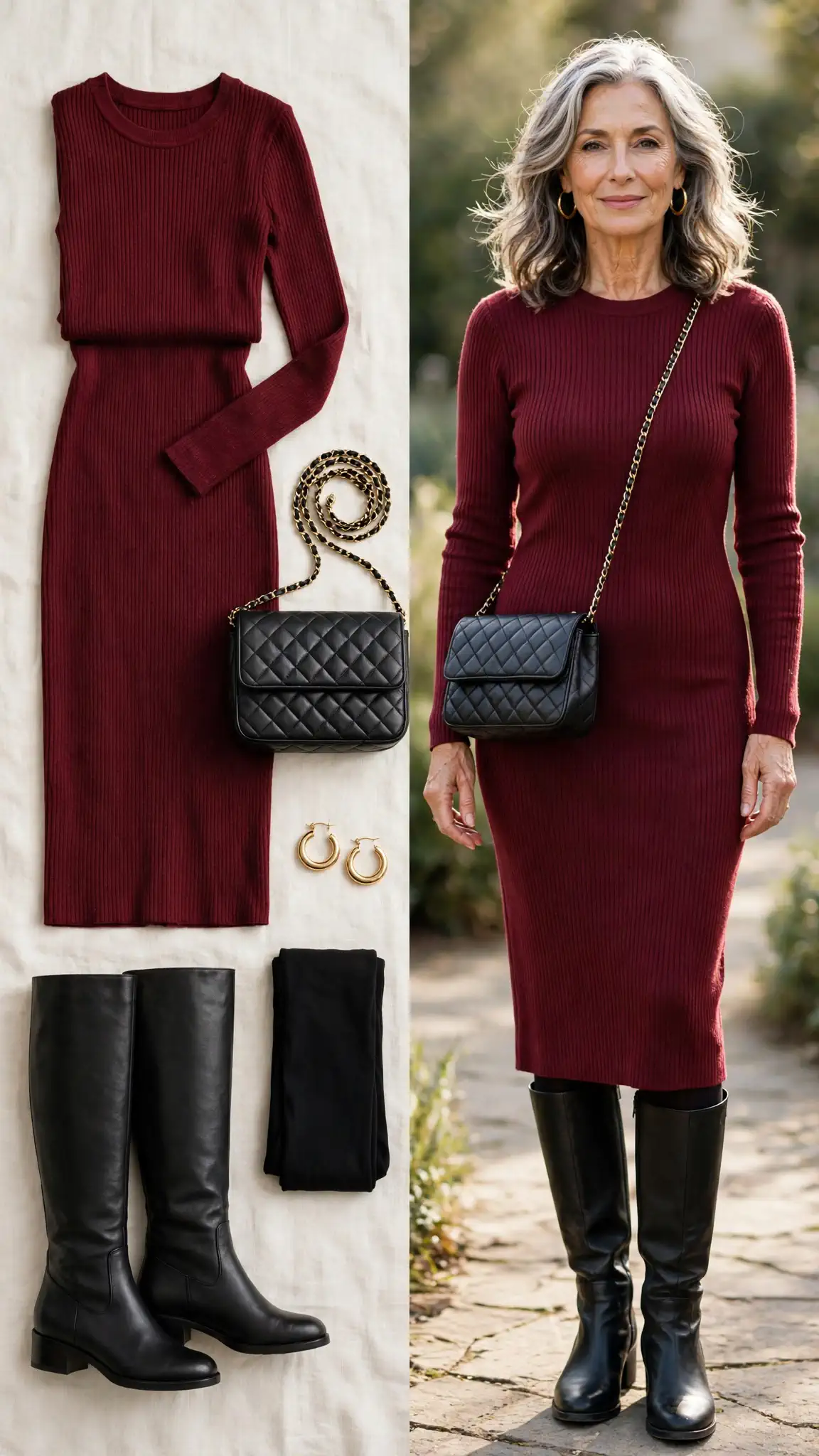 Split outfit idea: burgundy ribbed knit midi dress flat lay and a mature woman wearing it with black knee-high boots