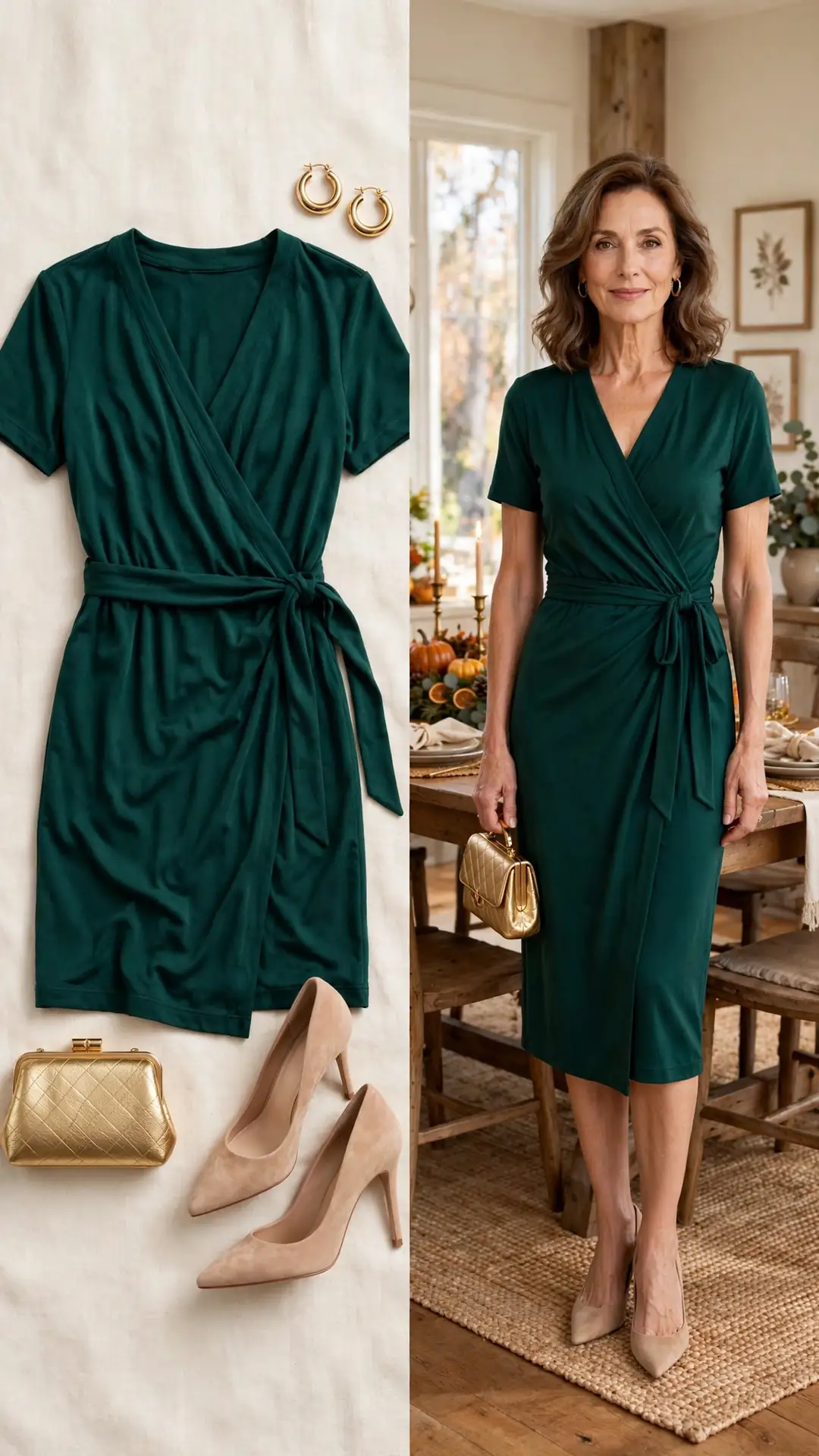 Split outfit idea: emerald green wrap dress flat lay and a mature woman wearing it with nude pumps and gold hoop earrings