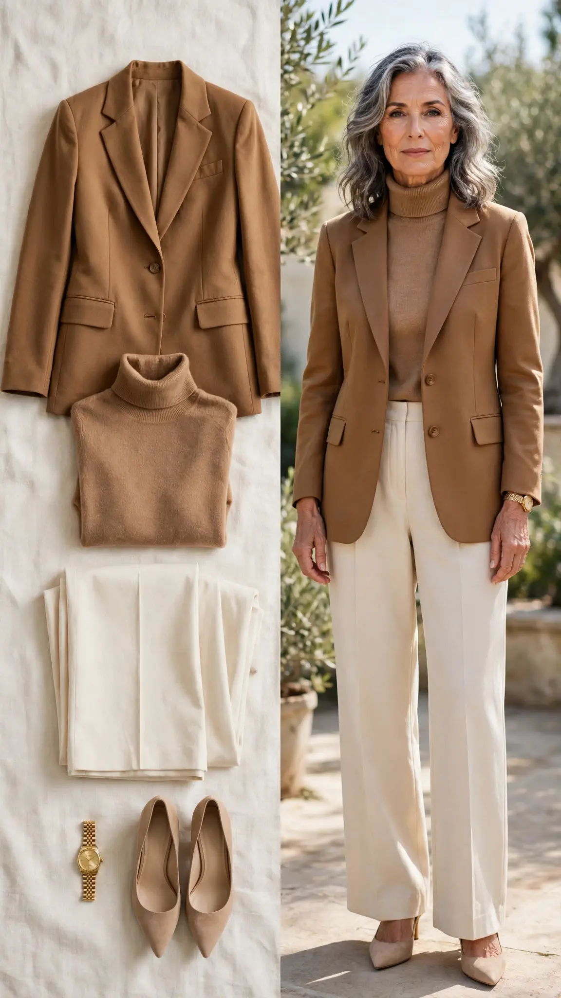 Split outfit idea: camel blazer and camel turtleneck flat lay and a mature woman wearing them with cream wide-leg trousers
