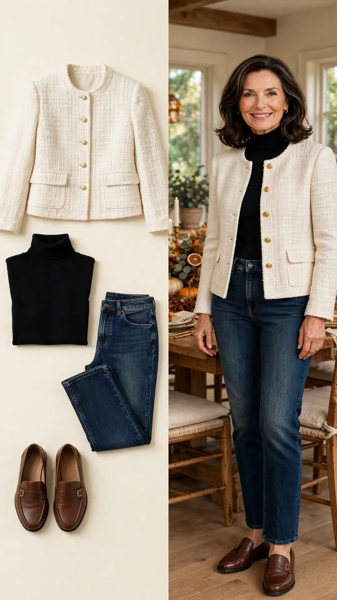Split outfit idea: cream tweed jacket and black turtleneck flat lay and a mature woman wearing them with dark jeans and brown loafers