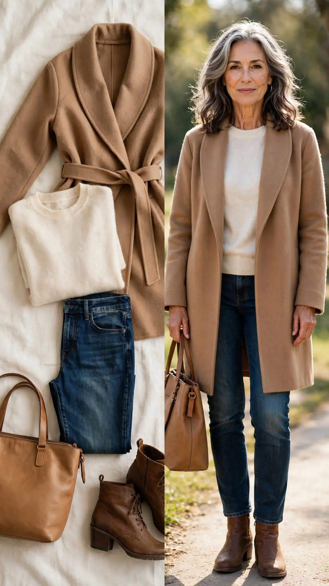 Split outfit idea: camel wool wrap coat and cream cashmere sweater flat lay and a mature woman wearing them with dark jeans and brown ankle boots