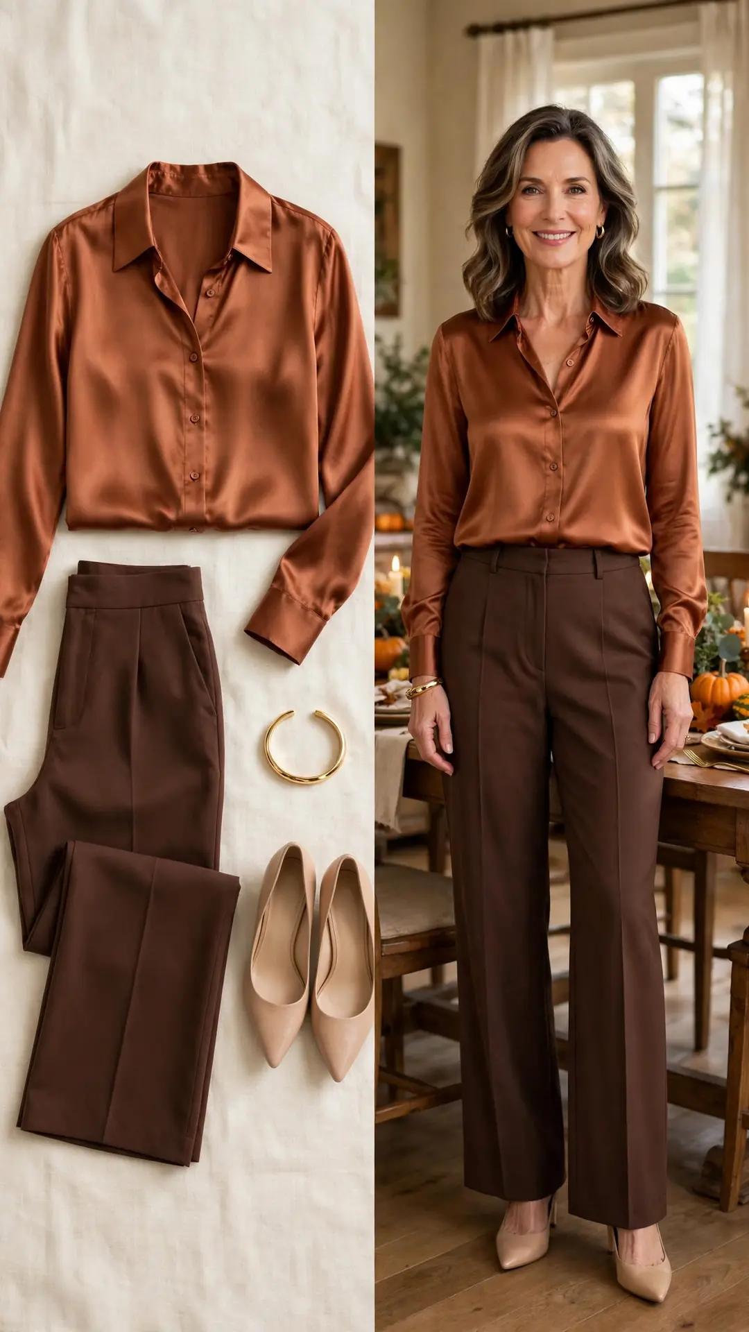Split outfit idea: copper silk blouse and chocolate wide-leg trousers flat lay and a mature woman wearing them with nude pumps and a gold bangle