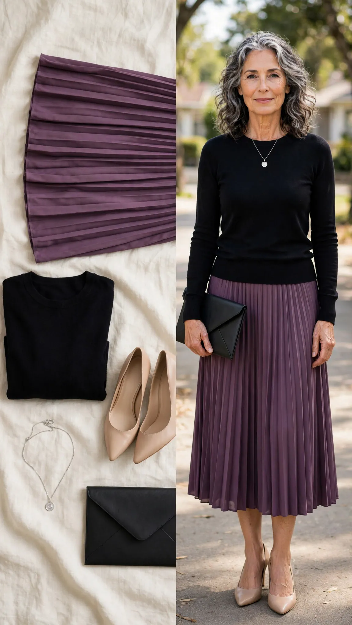 Split outfit idea: plum pleated midi skirt and black cashmere crewneck flat lay and a mature woman wearing them with nude pumps