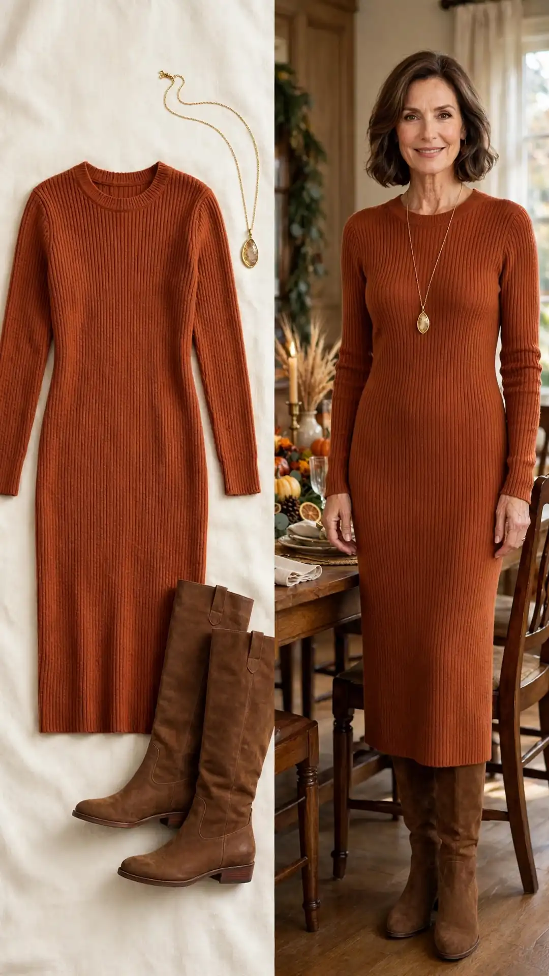 Split outfit idea: rust ribbed knit midi sweater dress flat lay and a mature woman wearing it with brown knee-high boots and a long gold pendant