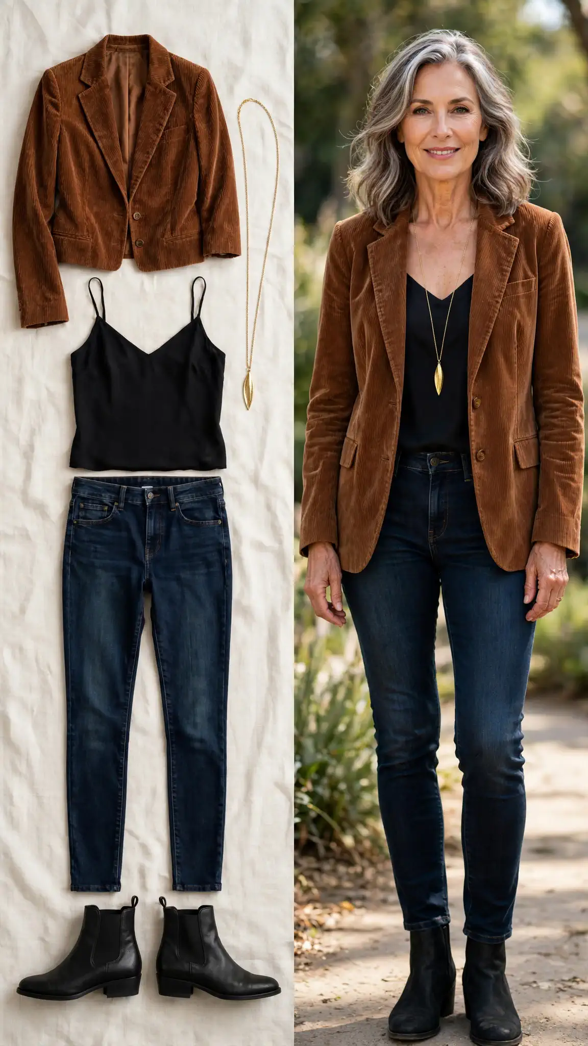 Split outfit idea: rust corduroy blazer and black camisole flat lay and a mature woman wearing them with dark indigo jeans and ankle boots