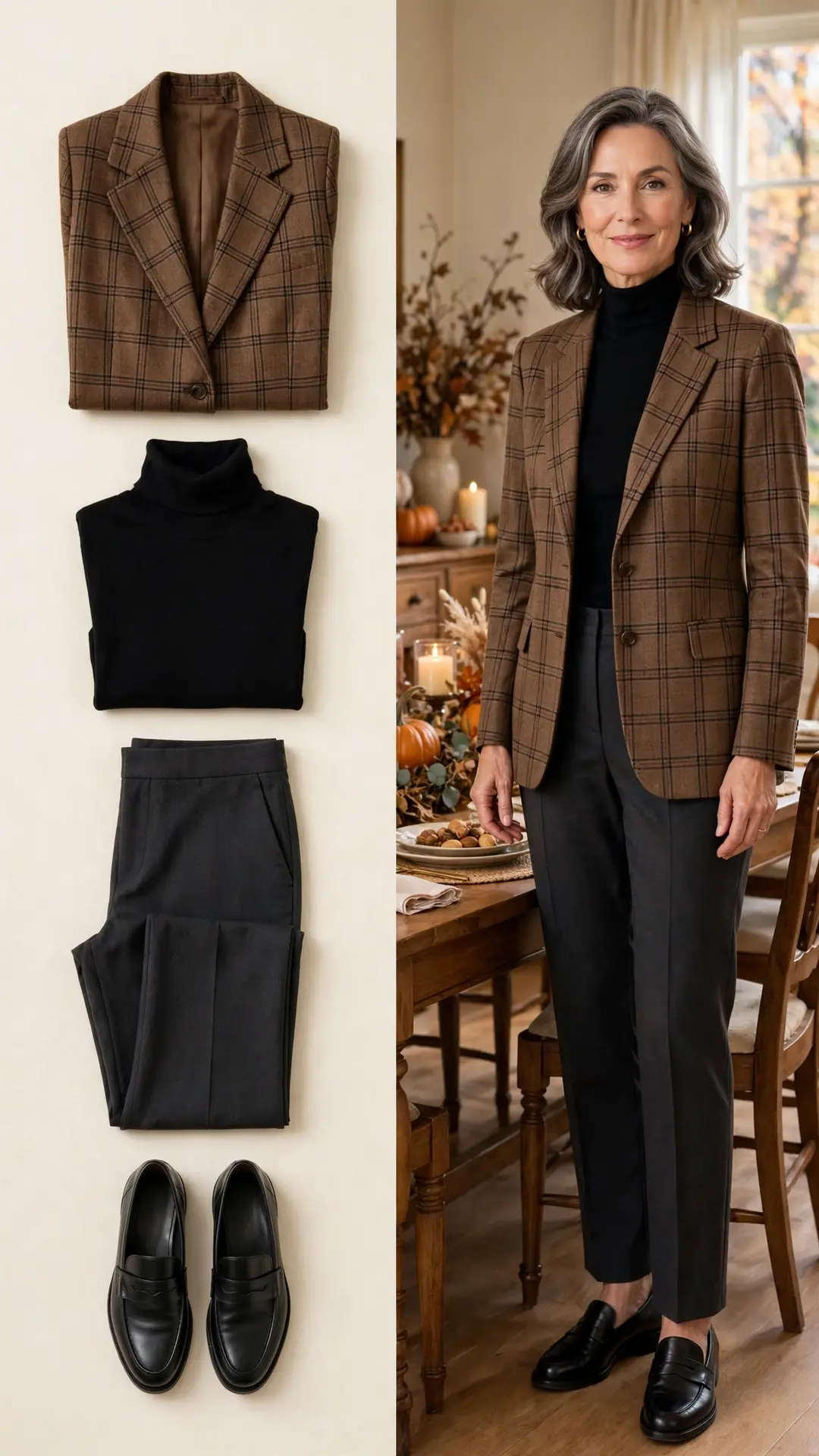 Split outfit idea: brown plaid blazer and black turtleneck flat lay and a mature woman wearing them with charcoal trousers and black loafers