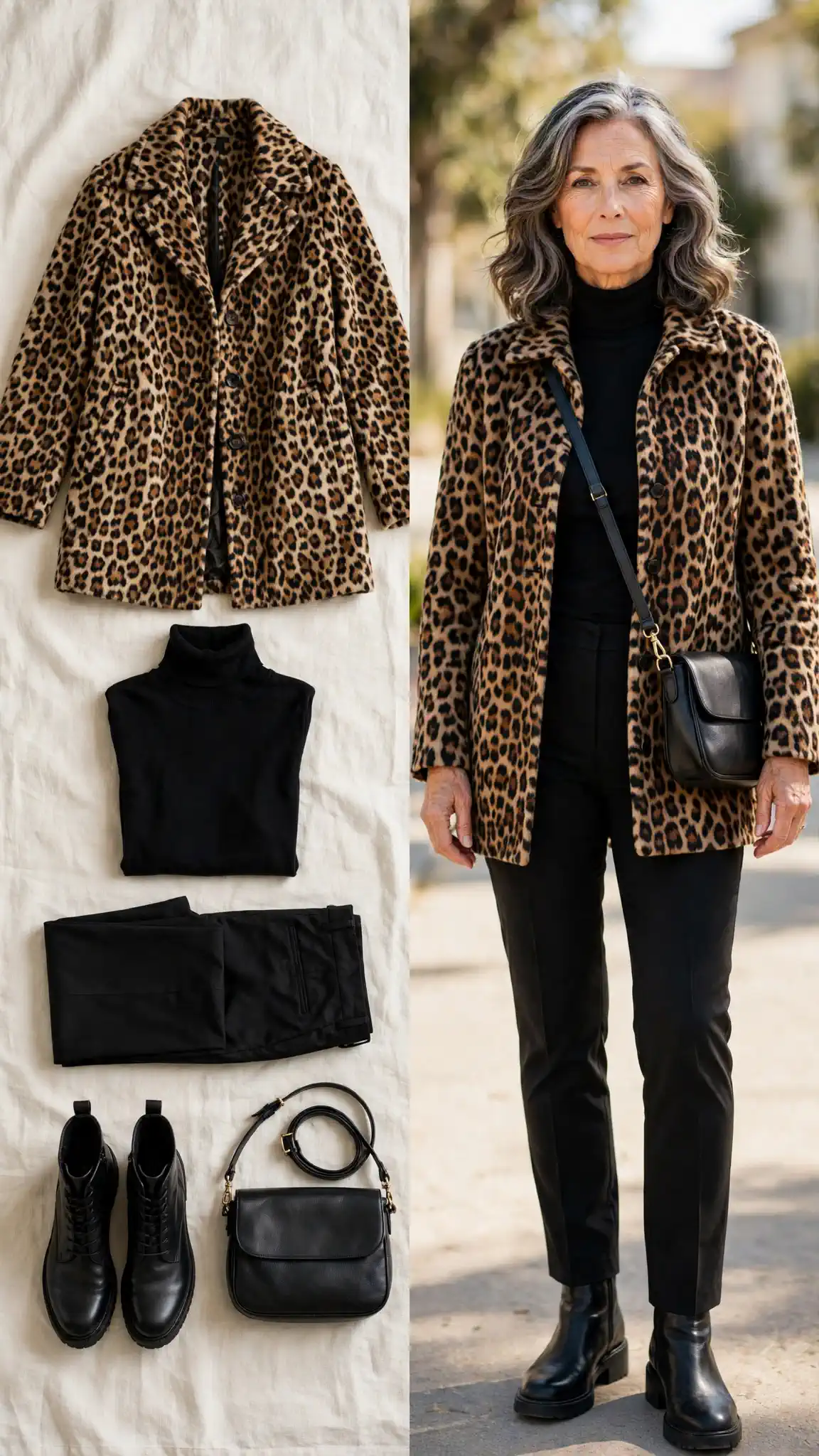 Split outfit idea: leopard print coat and black turtleneck flat lay and a mature woman wearing them with black trousers and ankle boots